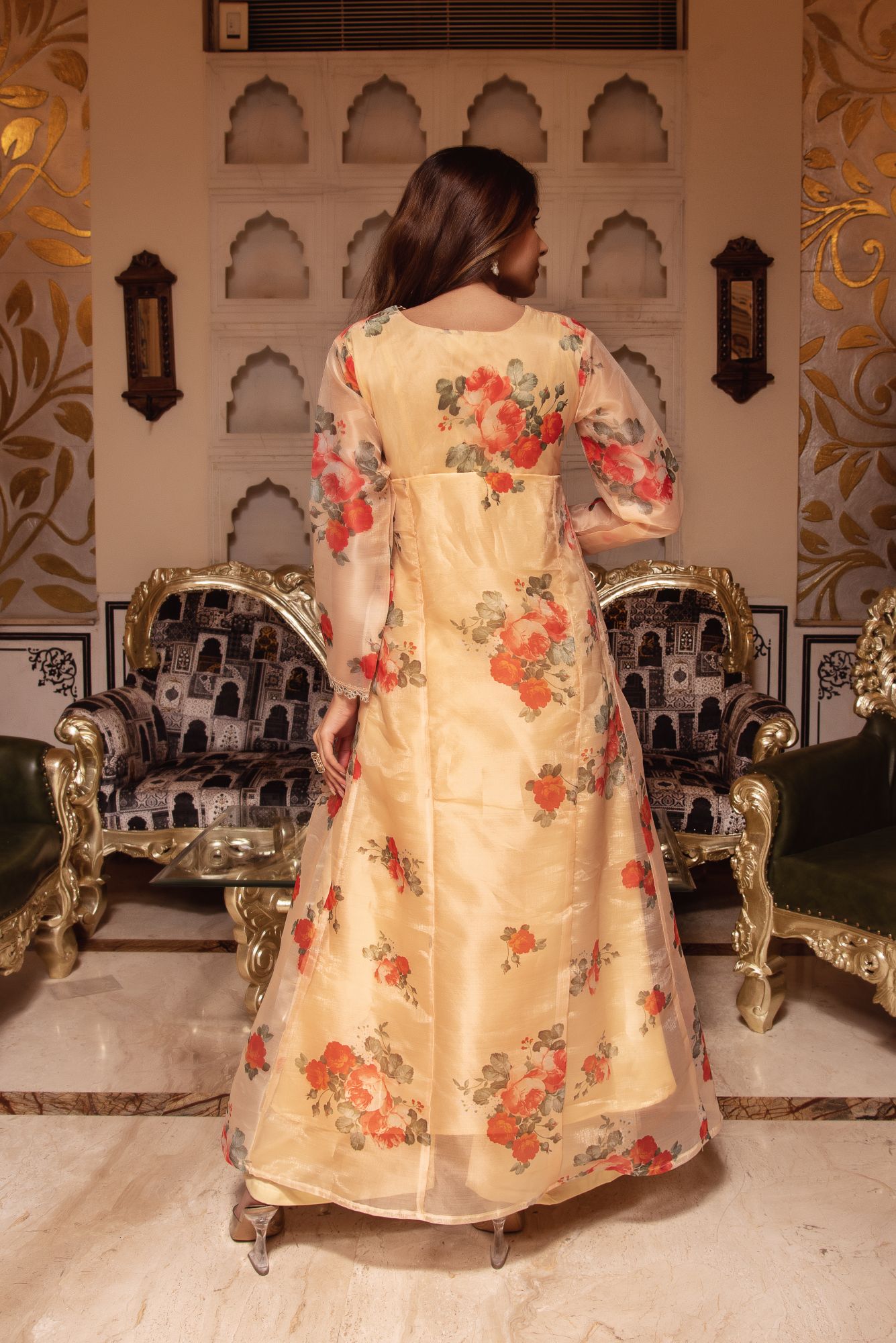 Beige Printed A-line Straight Suit Set