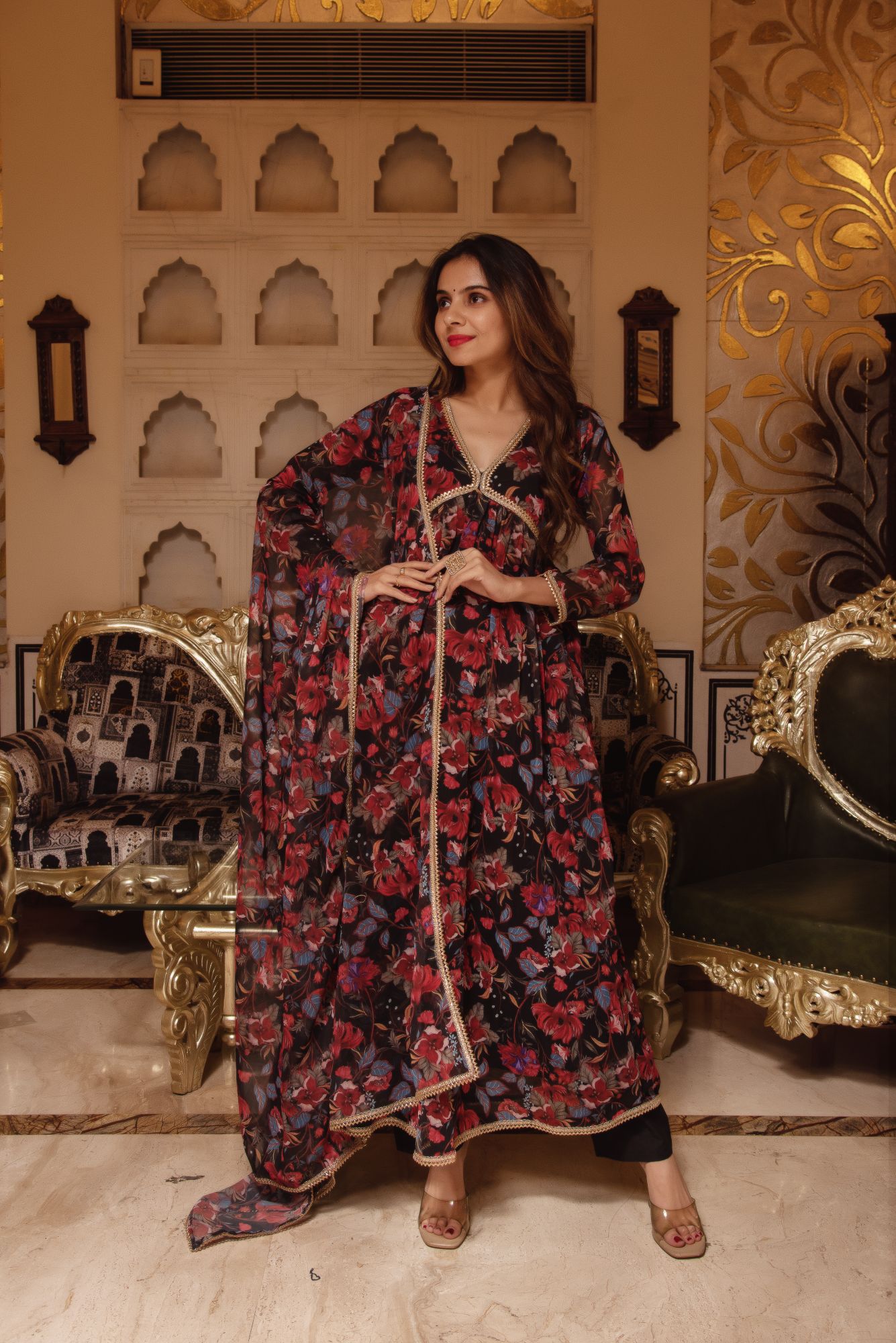 Black Printed Gotapatti Flared Suit Set