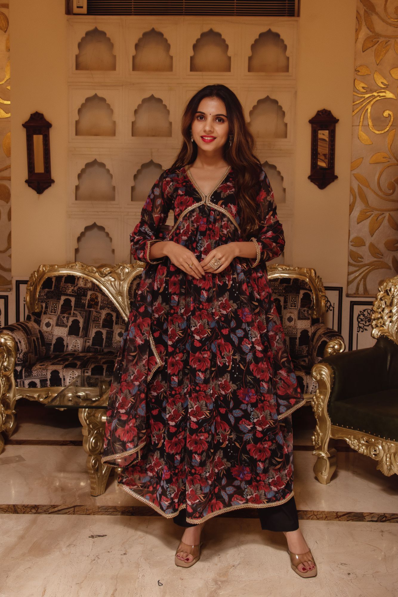 Black Printed Gotapatti Flared Suit Set