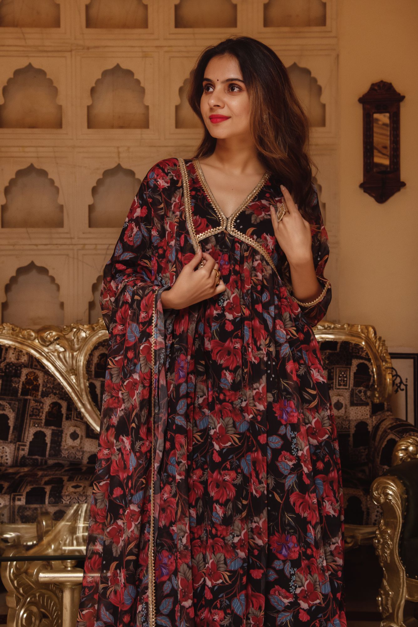 Black Printed Gotapatti Flared Suit Set