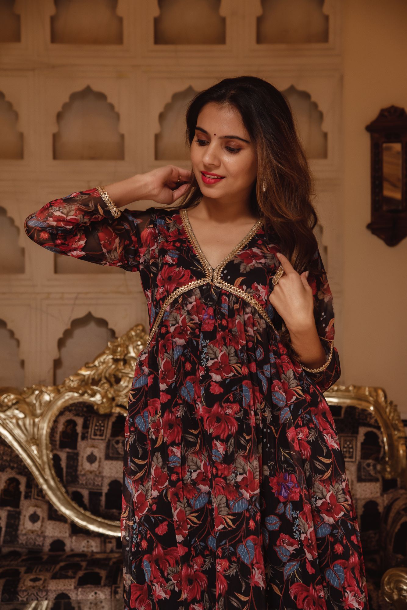 Black Printed Gotapatti Flared Suit Set