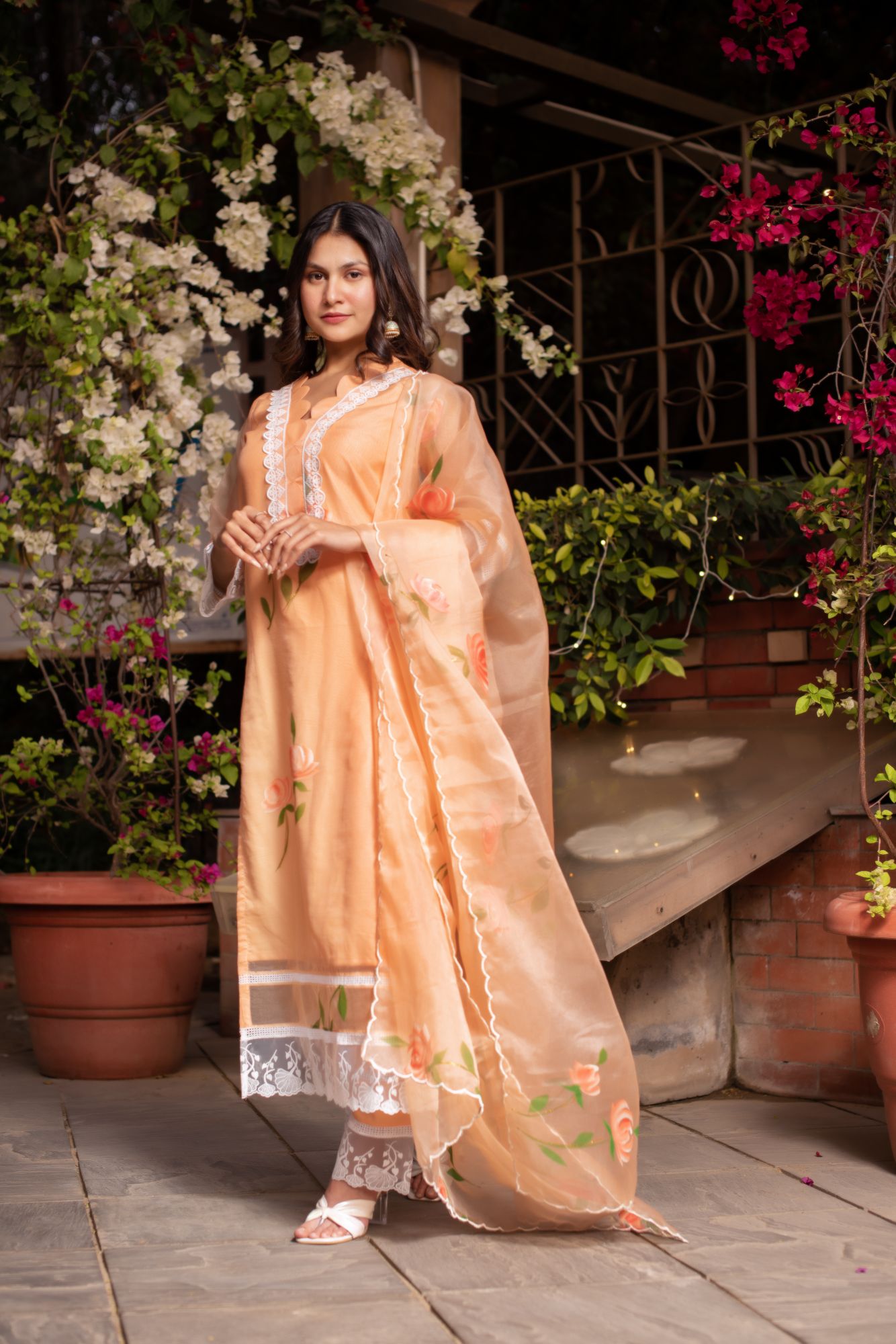Saffron Handpainted Organza Lace Work Suit Set