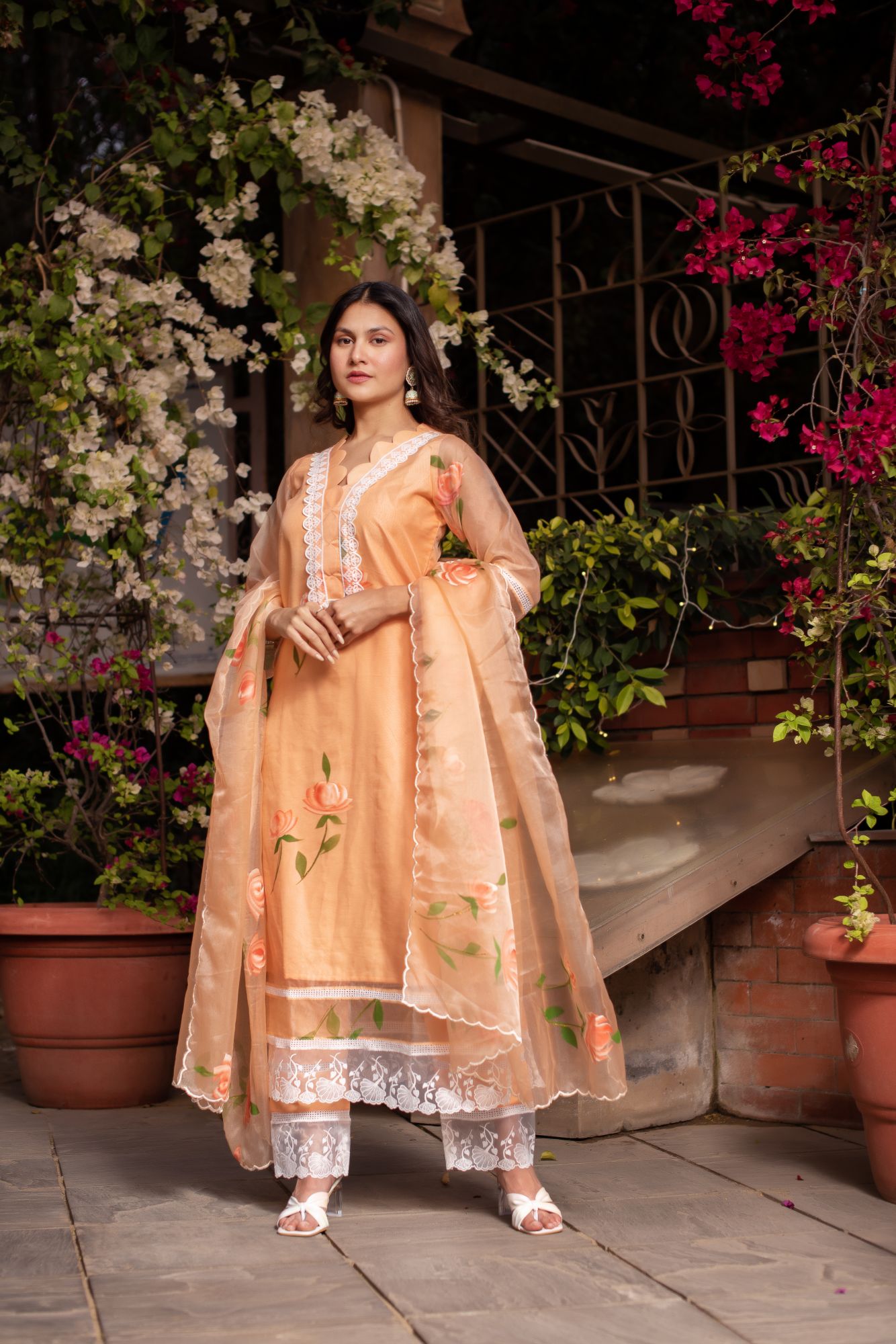 Saffron Handpainted Organza Lace Work Suit Set