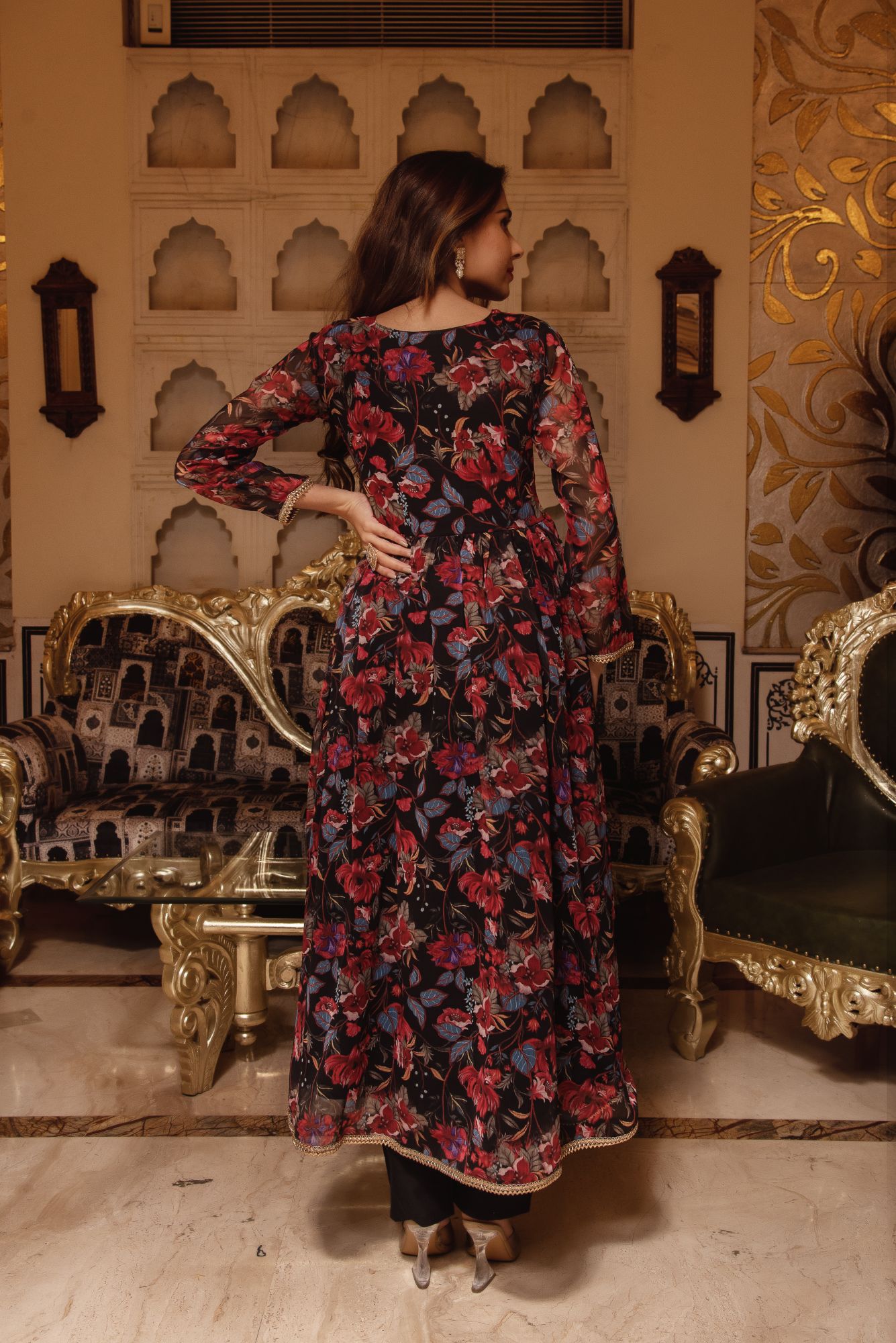 Black Printed Gotapatti Flared Suit Set