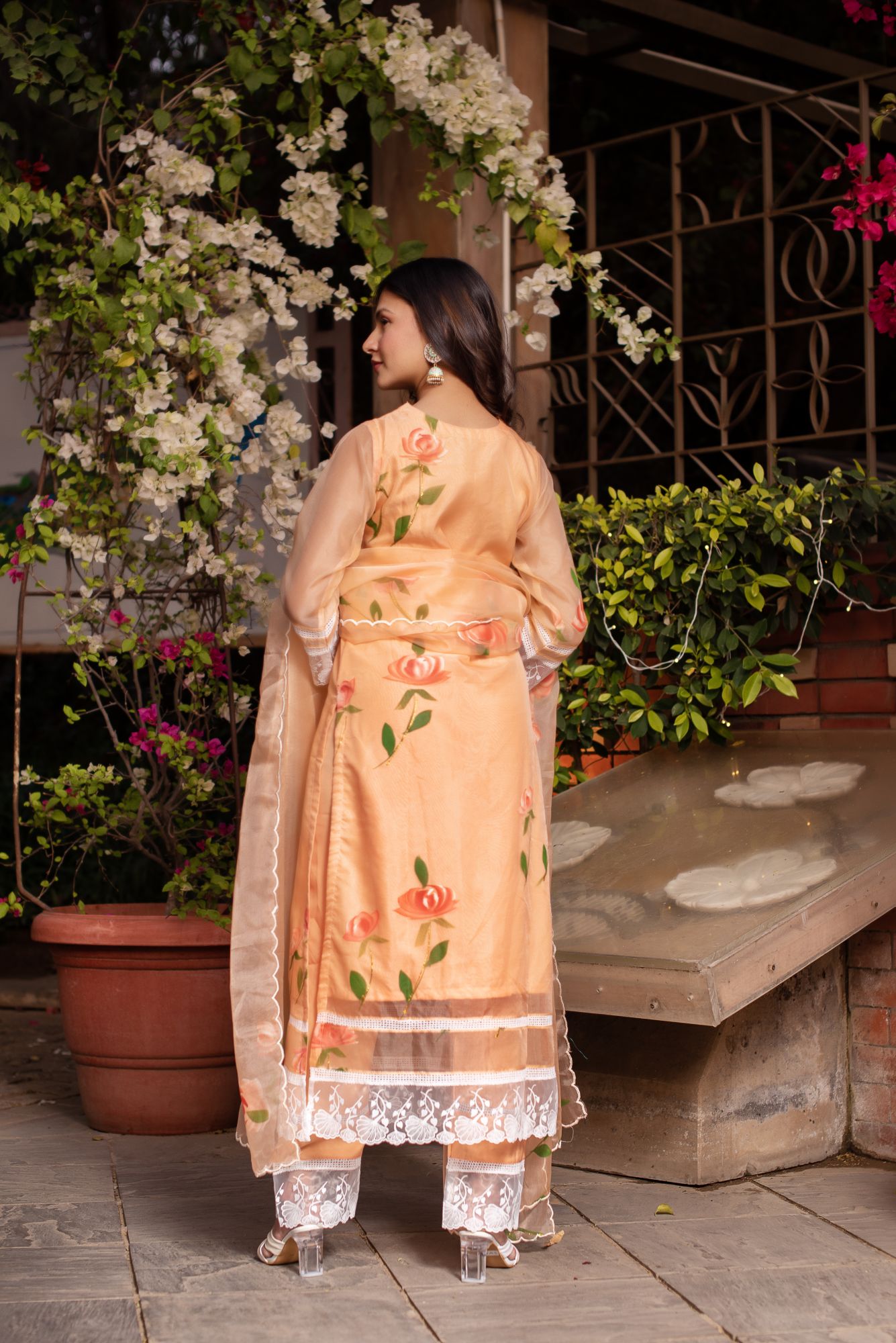 Saffron Handpainted Organza Lace Work Suit Set