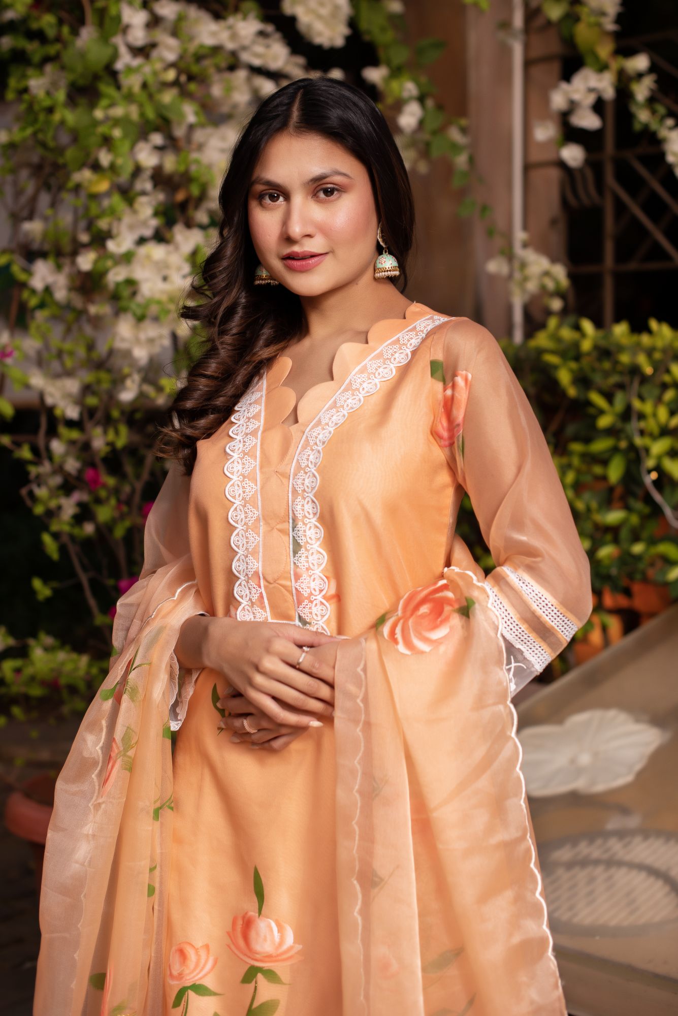 Saffron Handpainted Organza Lace Work Suit Set