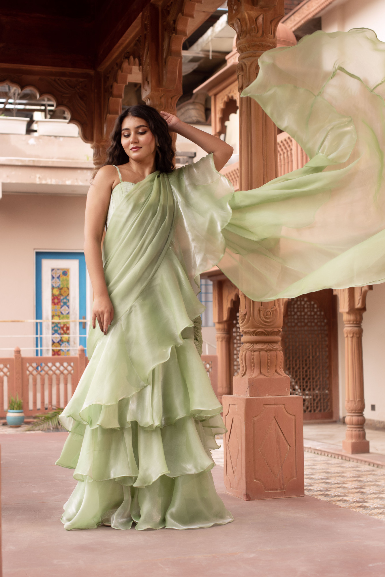 Mint Green Corset Ruffle Saree