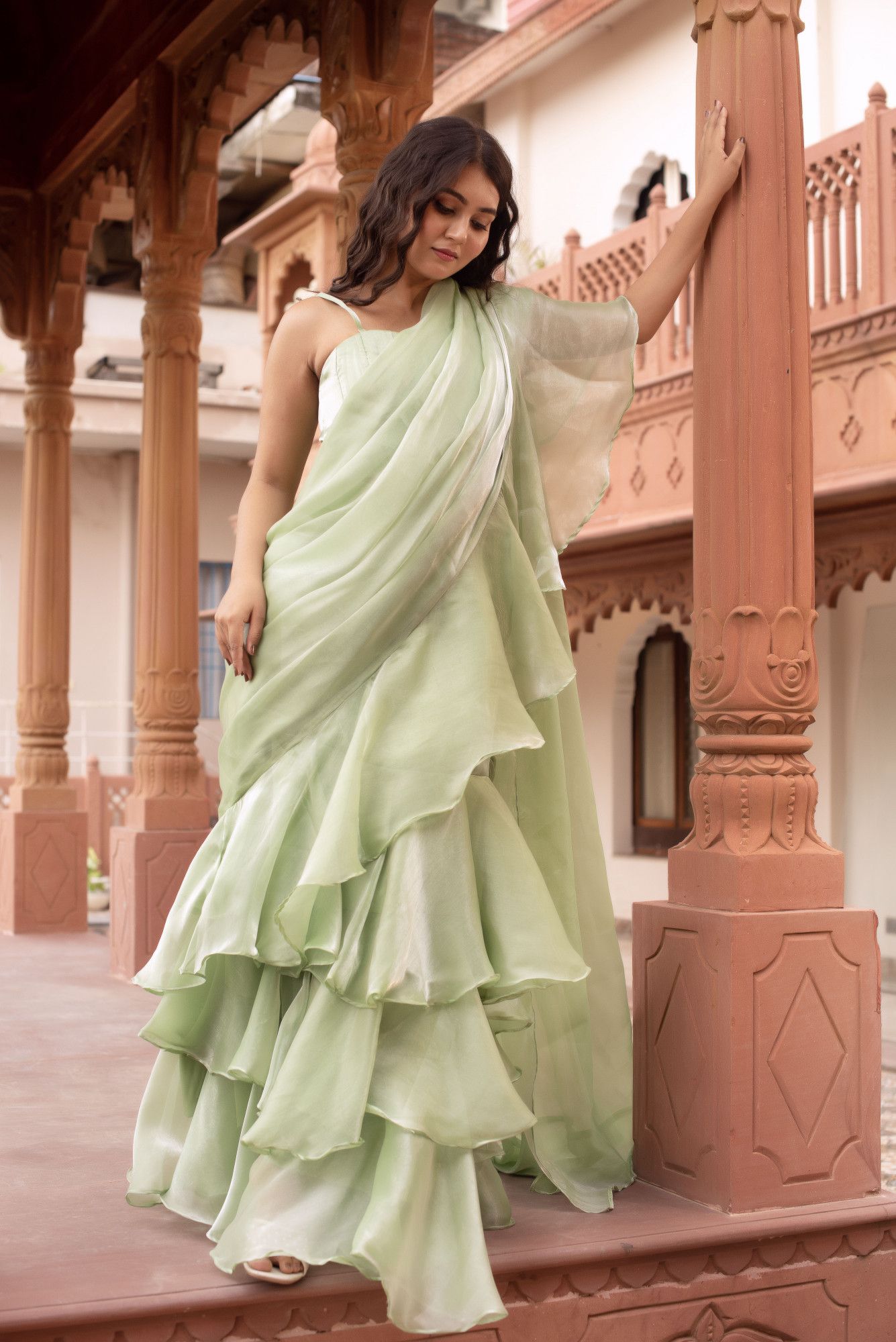Mint Green Corset Ruffle Saree