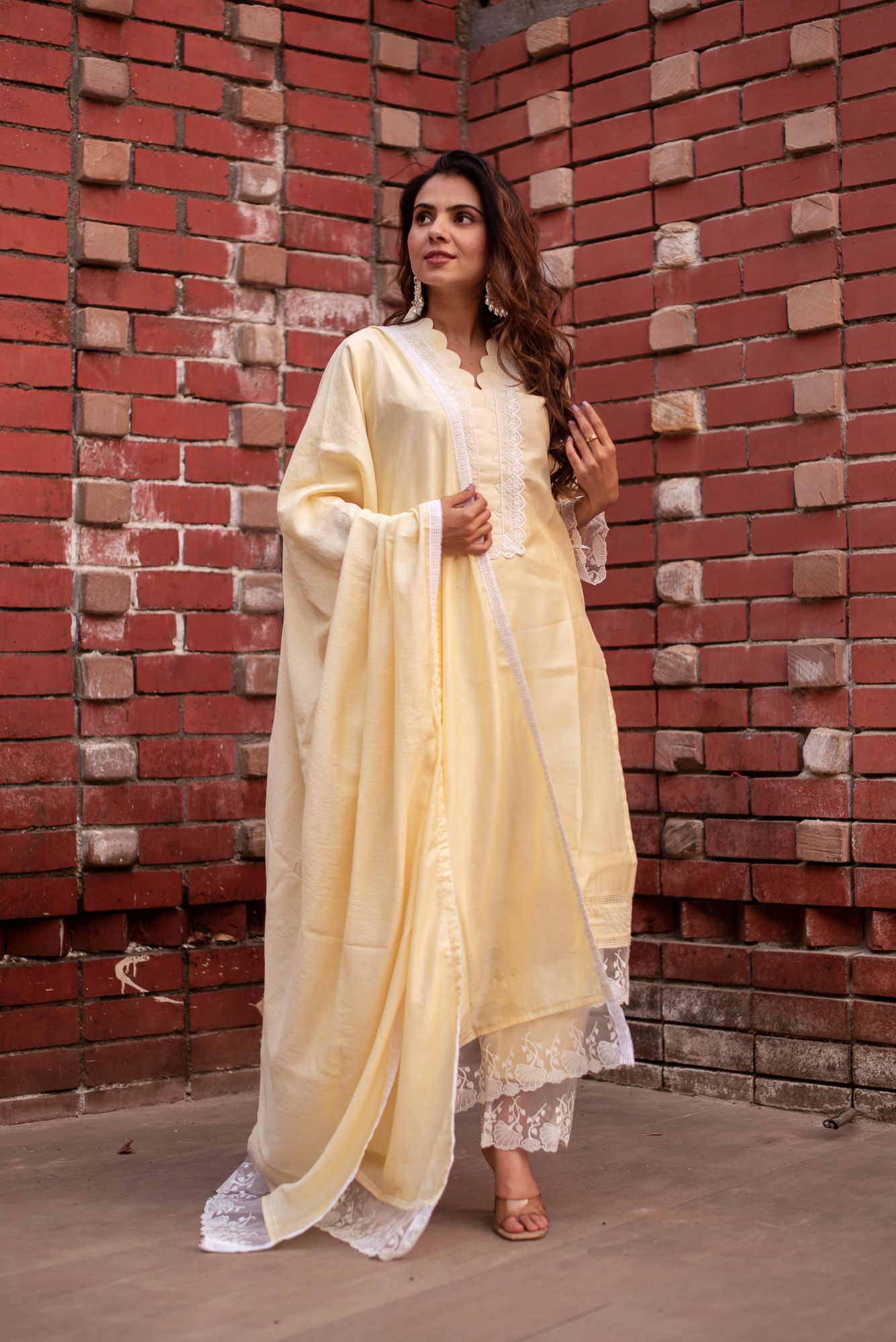 Yellow Chanderi Lace Work Scalped Suit Set