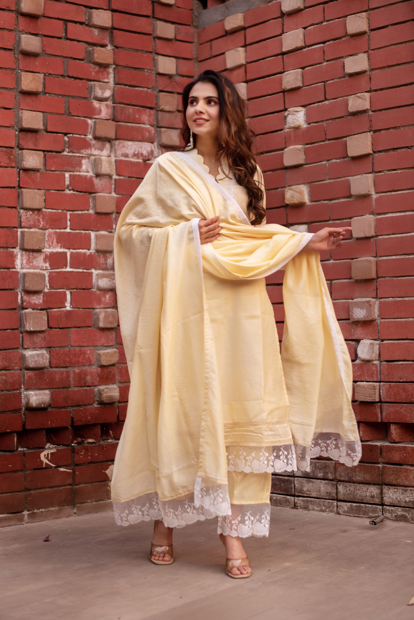Yellow Chanderi Lace Work Scalped Suit Set