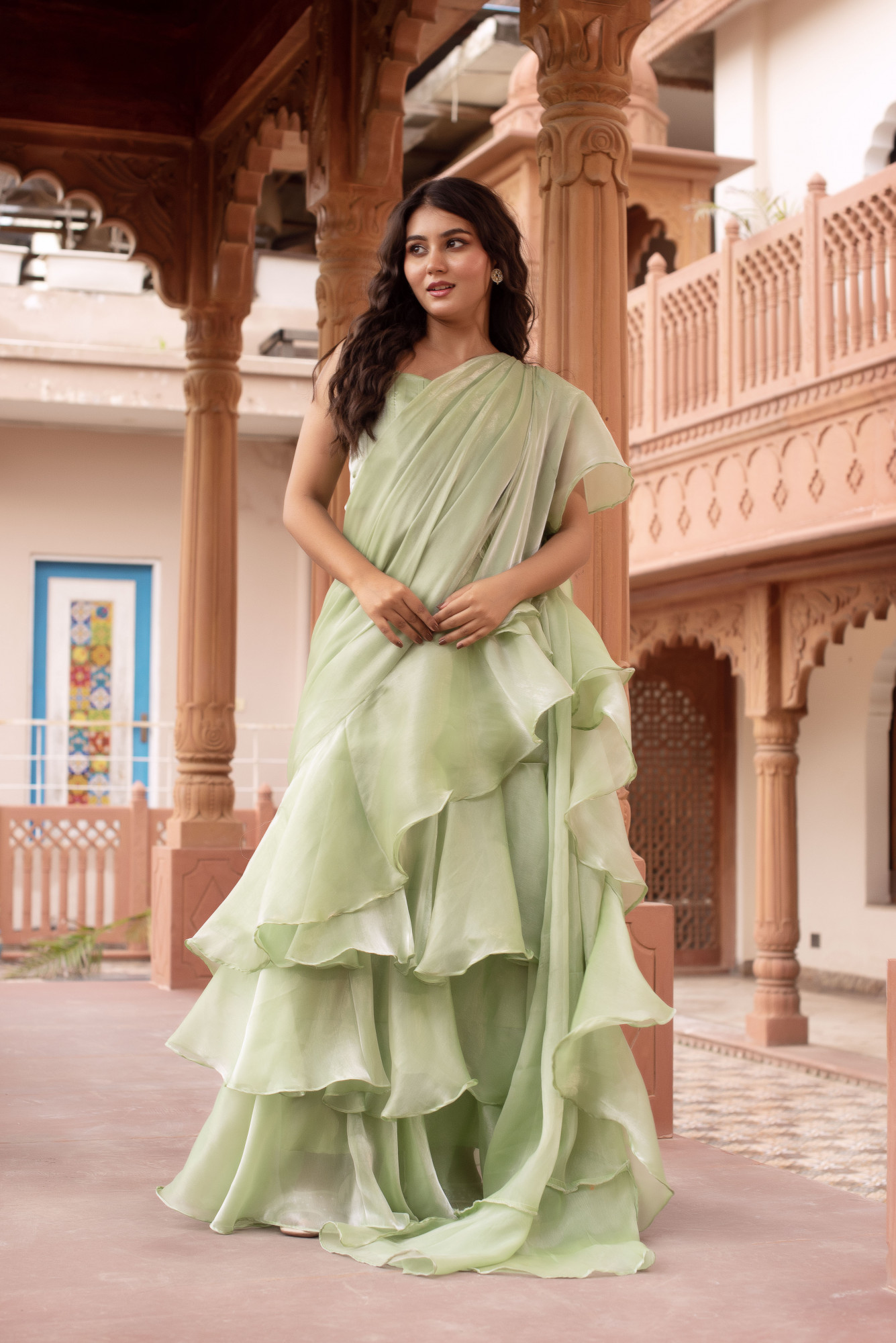 Mint Green Corset Ruffle Saree