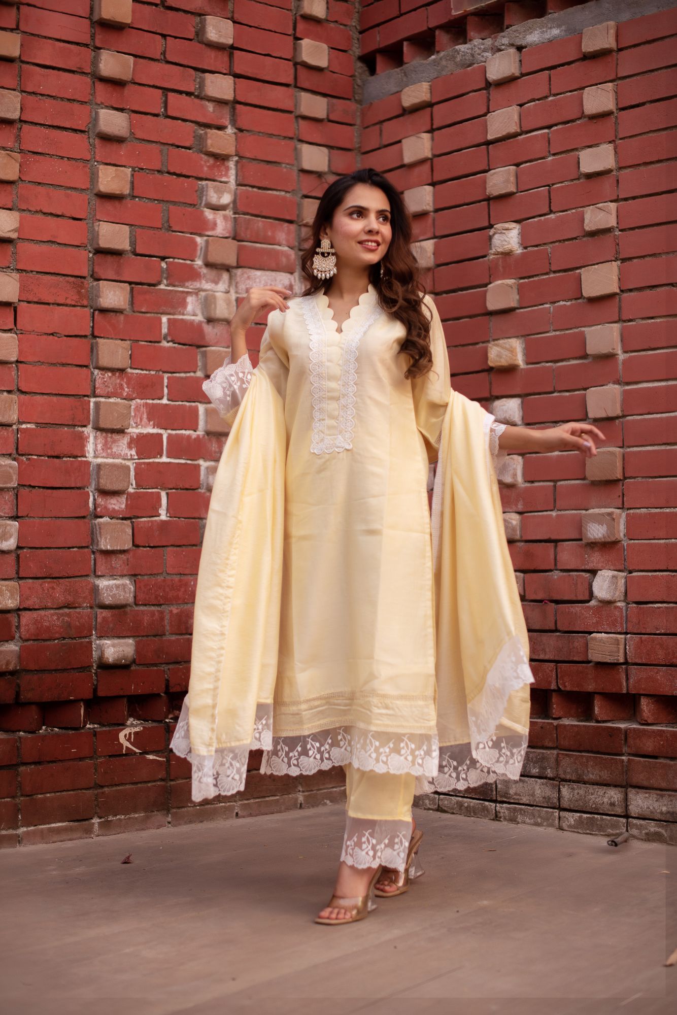 Yellow Chanderi Lace Work Scalped Suit Set