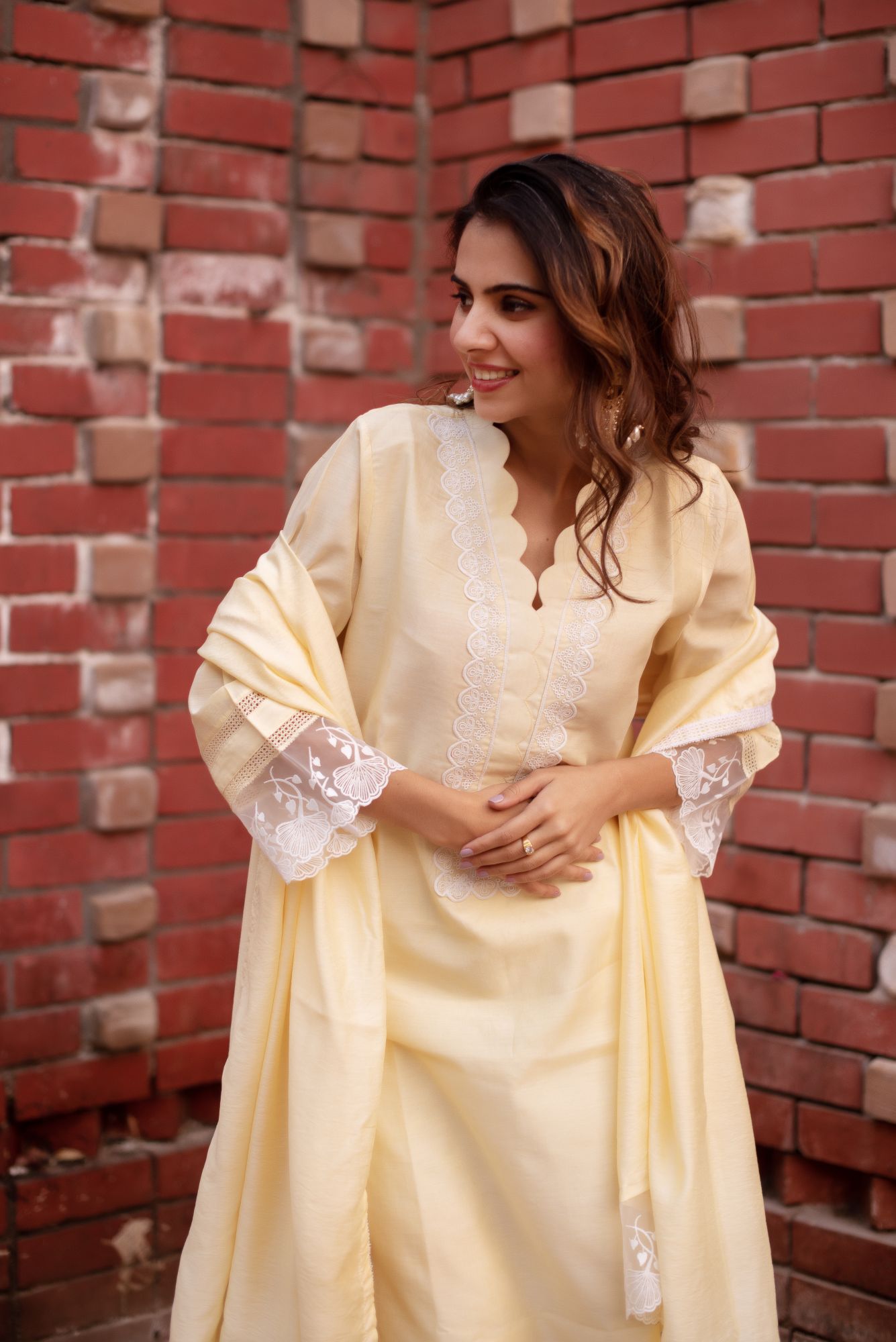Yellow Chanderi Lace Work Scalped Suit Set
