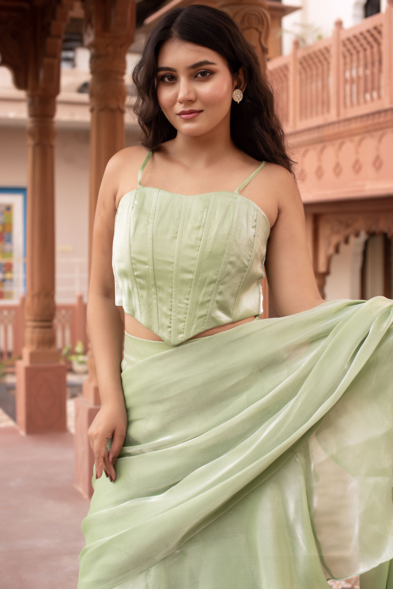 Mint Green Corset Ruffle Saree