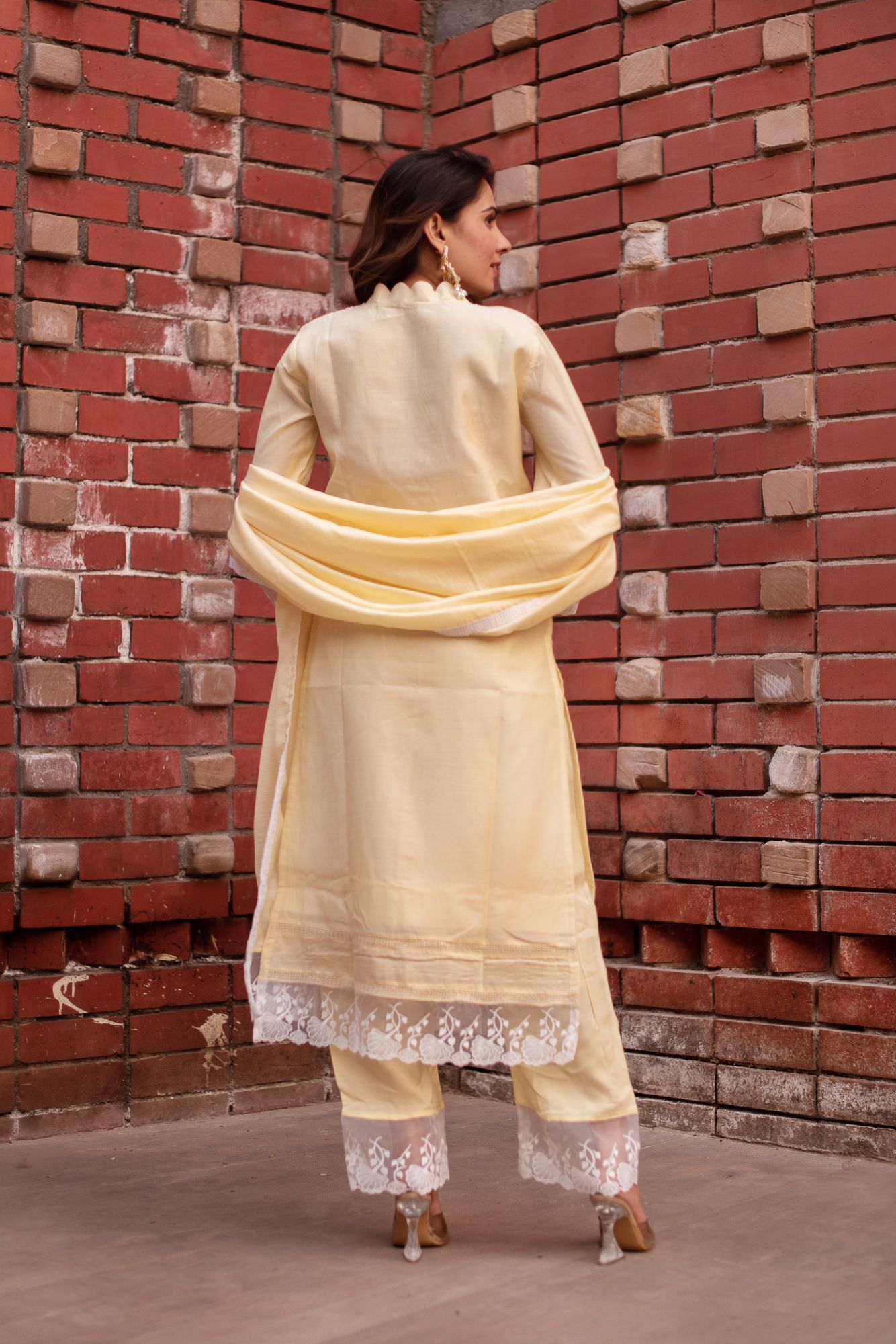 Yellow Chanderi Lace Work Scalped Suit Set