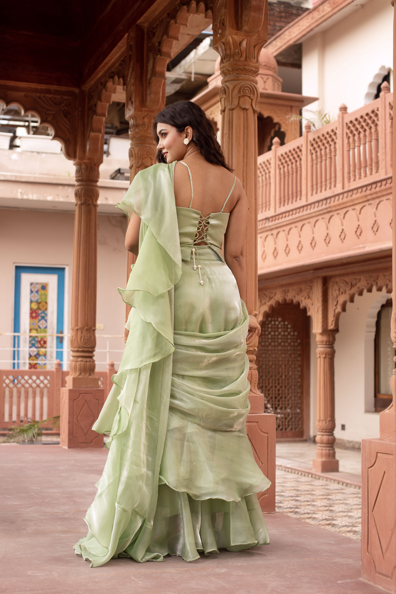Mint Green Corset Ruffle Saree