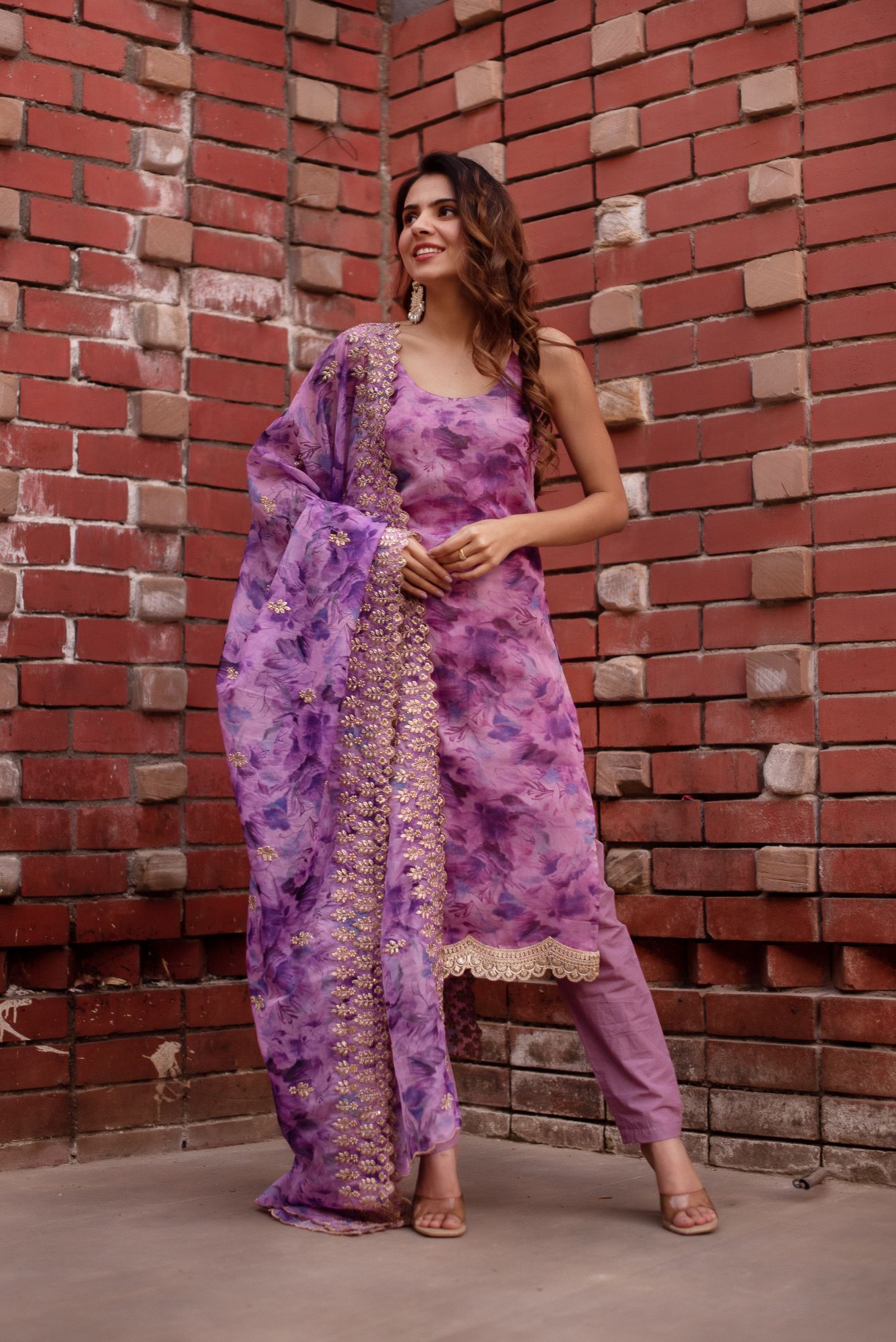 Lavender Organza Sleeveless Embroided Suit Set