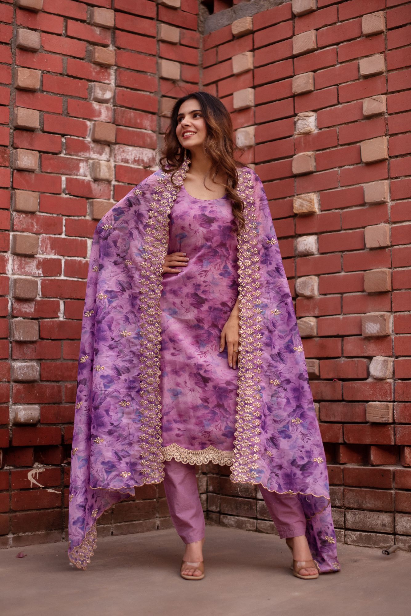 Lavender Organza Sleeveless Embroided Suit Set