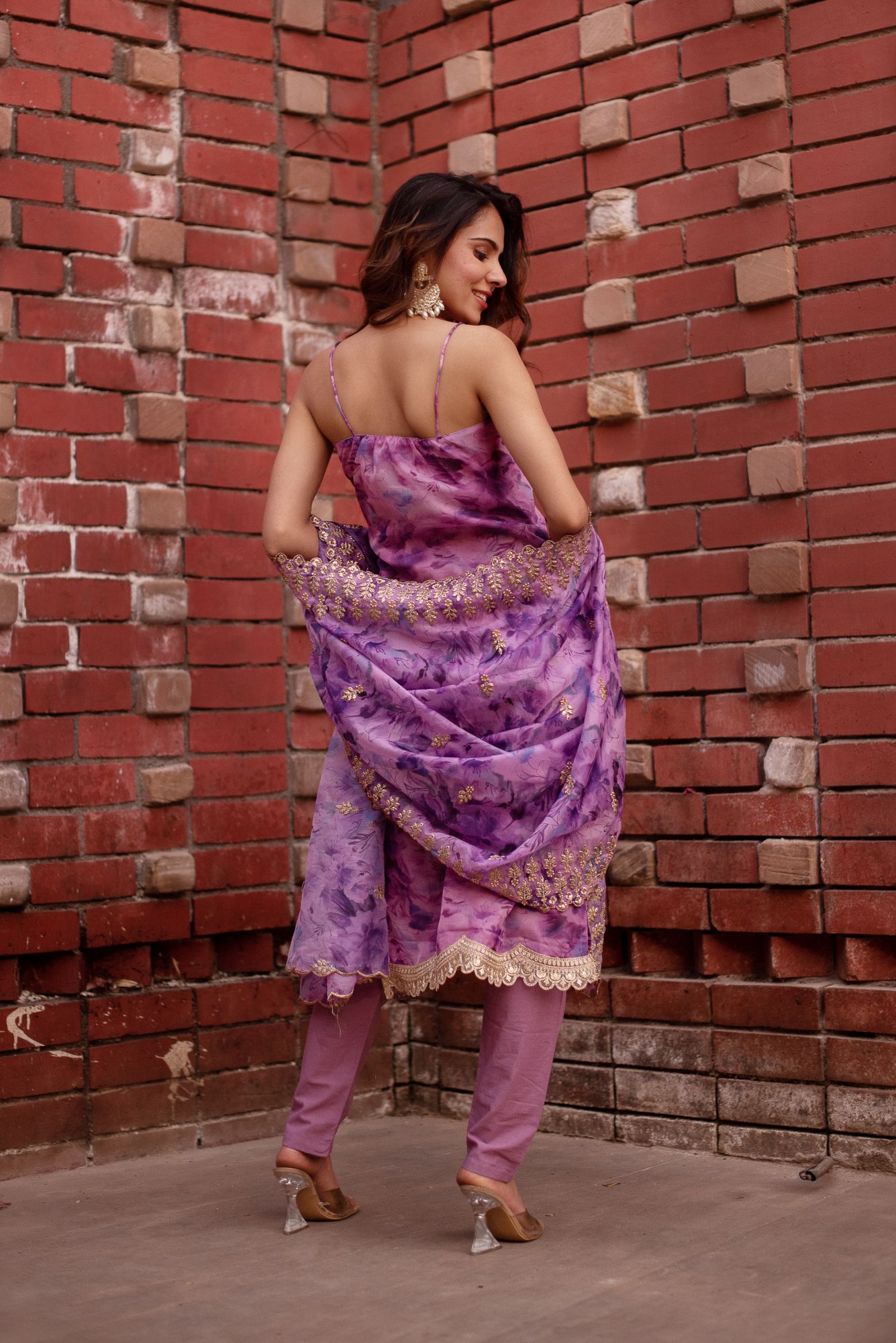 Lavender Organza Sleeveless Embroided Suit Set