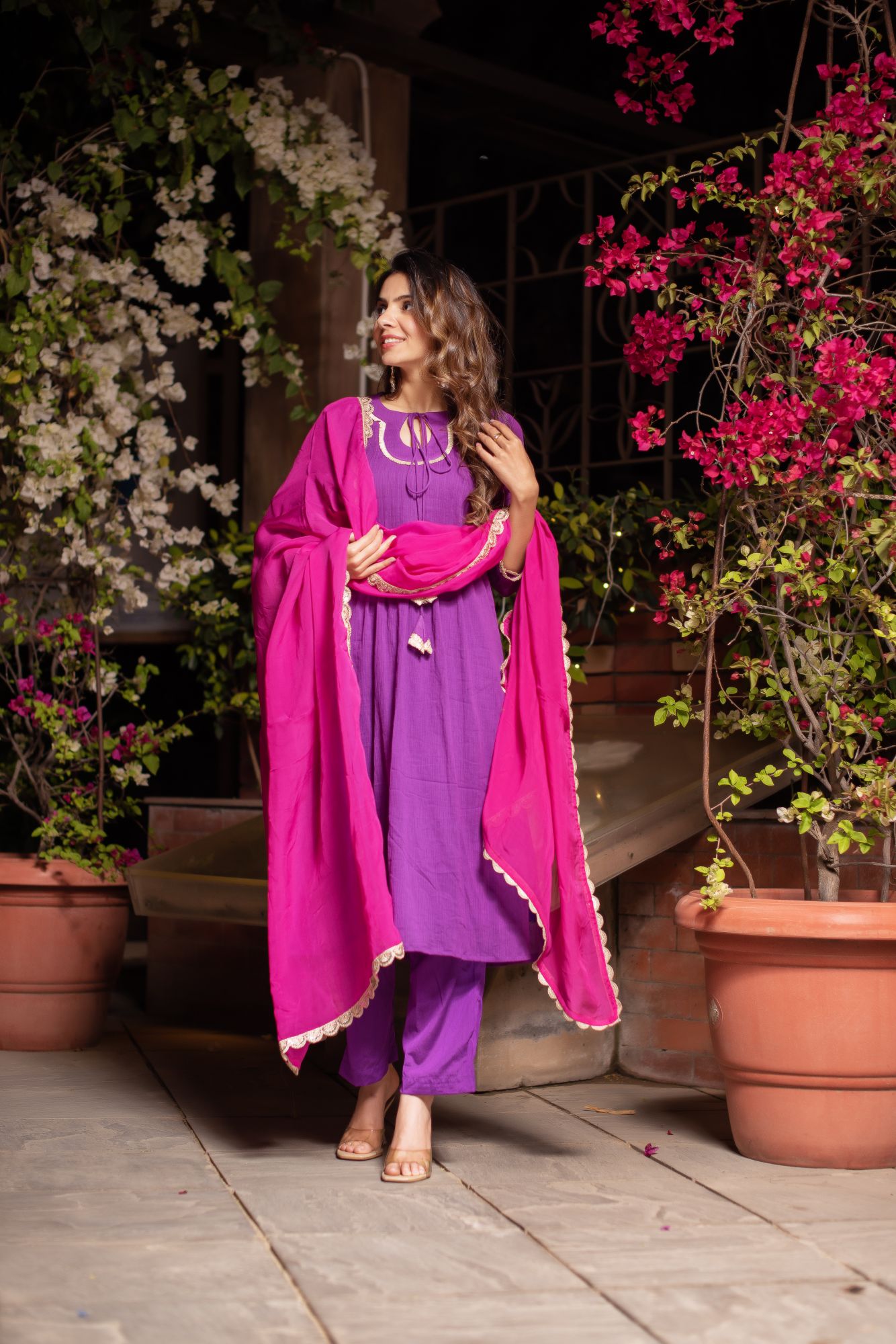 Purple And Rani Crinkle Cotton Suit Set with Organza Dupatta