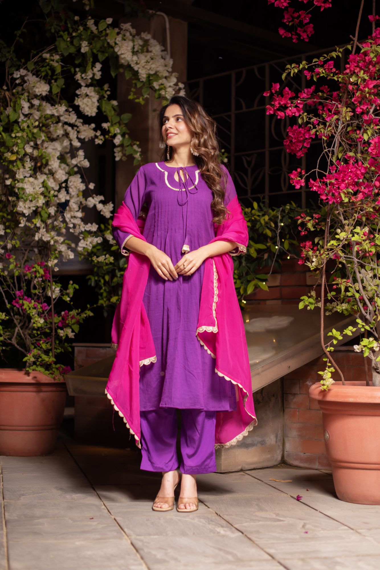 Purple And Rani Crinkle Cotton Suit Set with Organza Dupatta