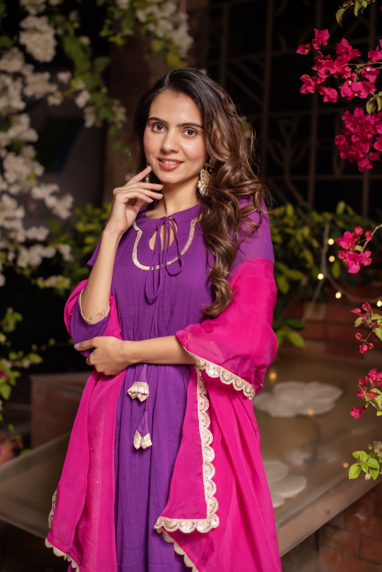 Purple And Rani Crinkle Cotton Suit Set with Organza Dupatta
