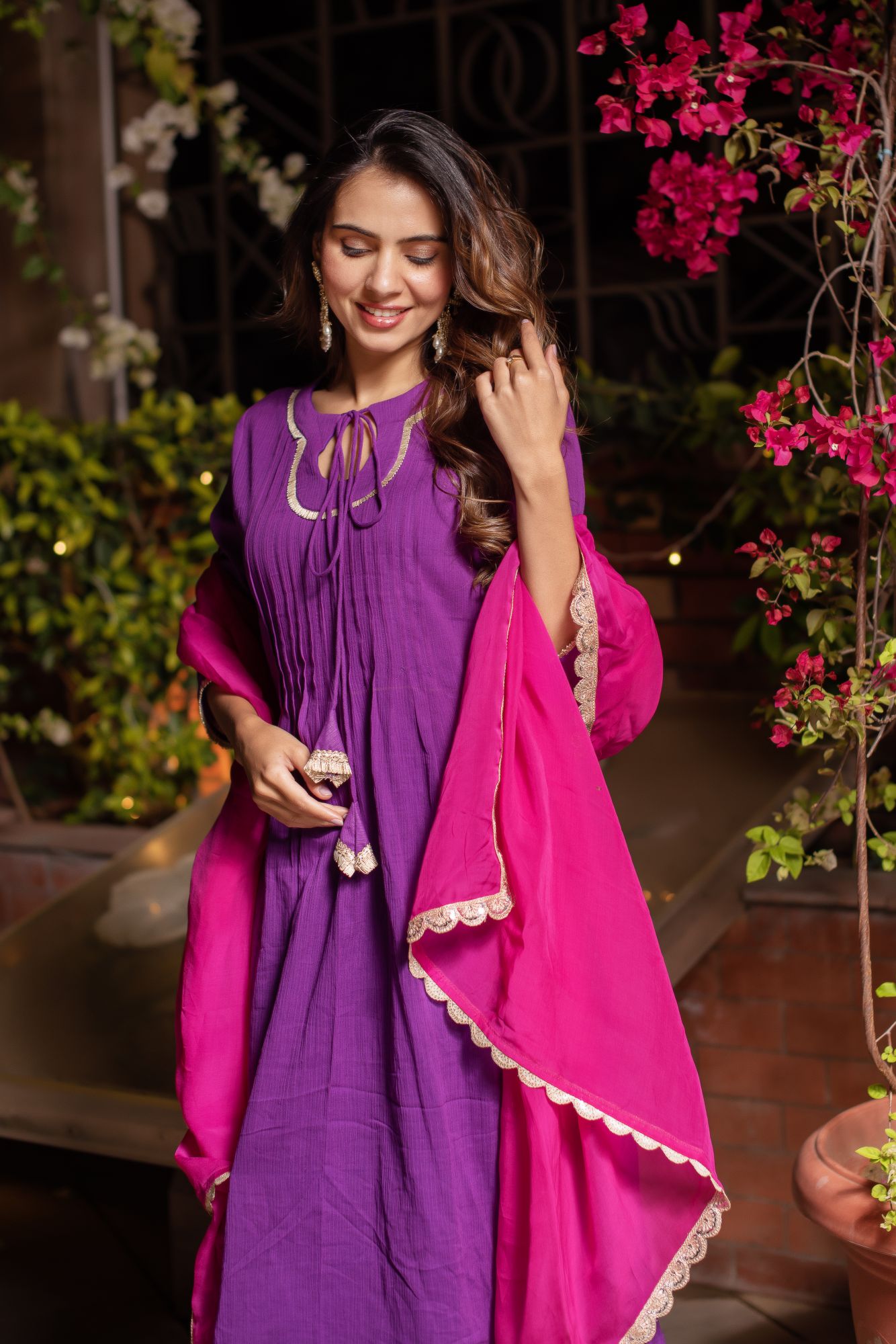 Purple And Rani Crinkle Cotton Suit Set with Organza Dupatta