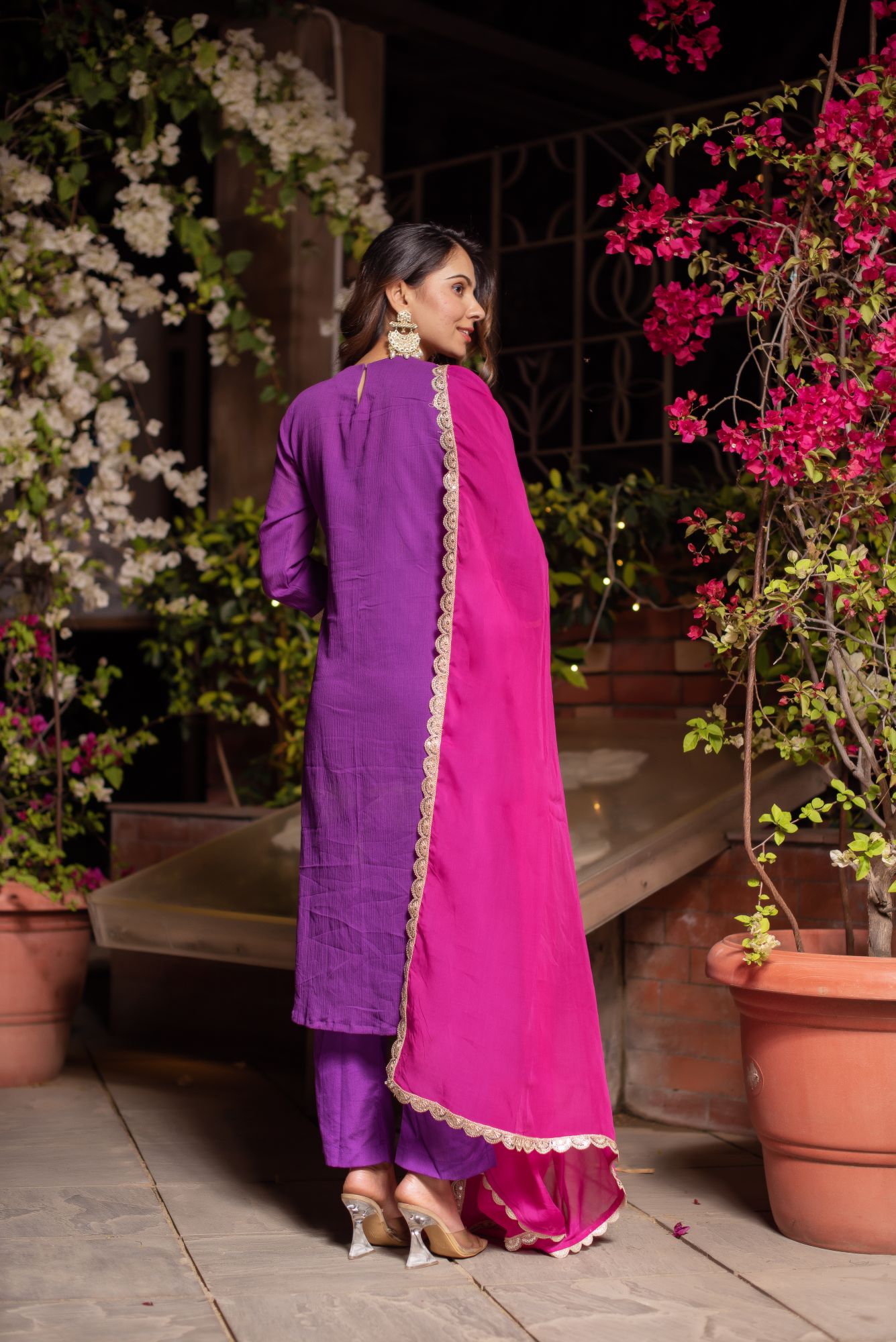 Purple And Rani Crinkle Cotton Suit Set with Organza Dupatta