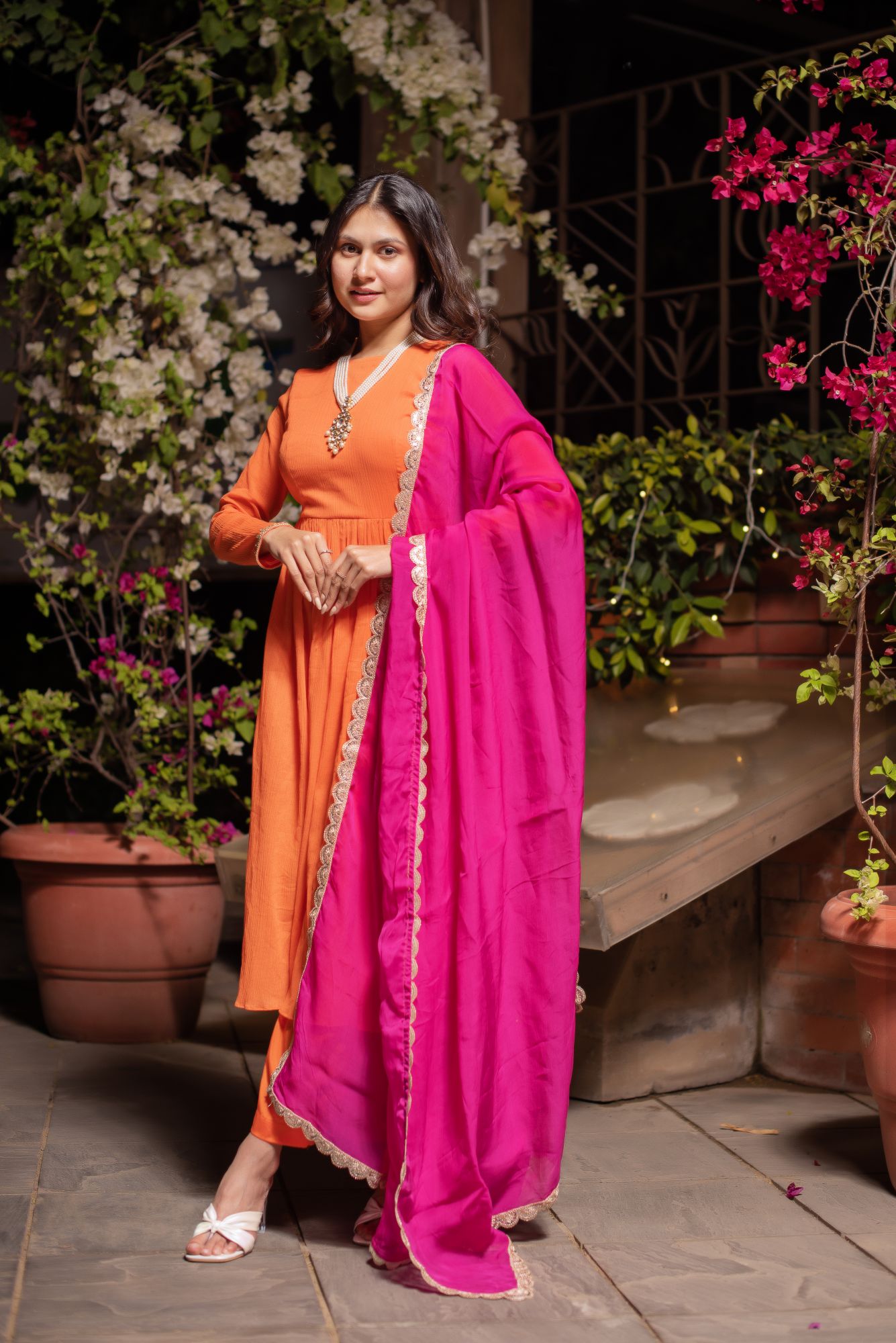 Orange And Rani Crinkle Cotton Suit Set with Organza Dupatta