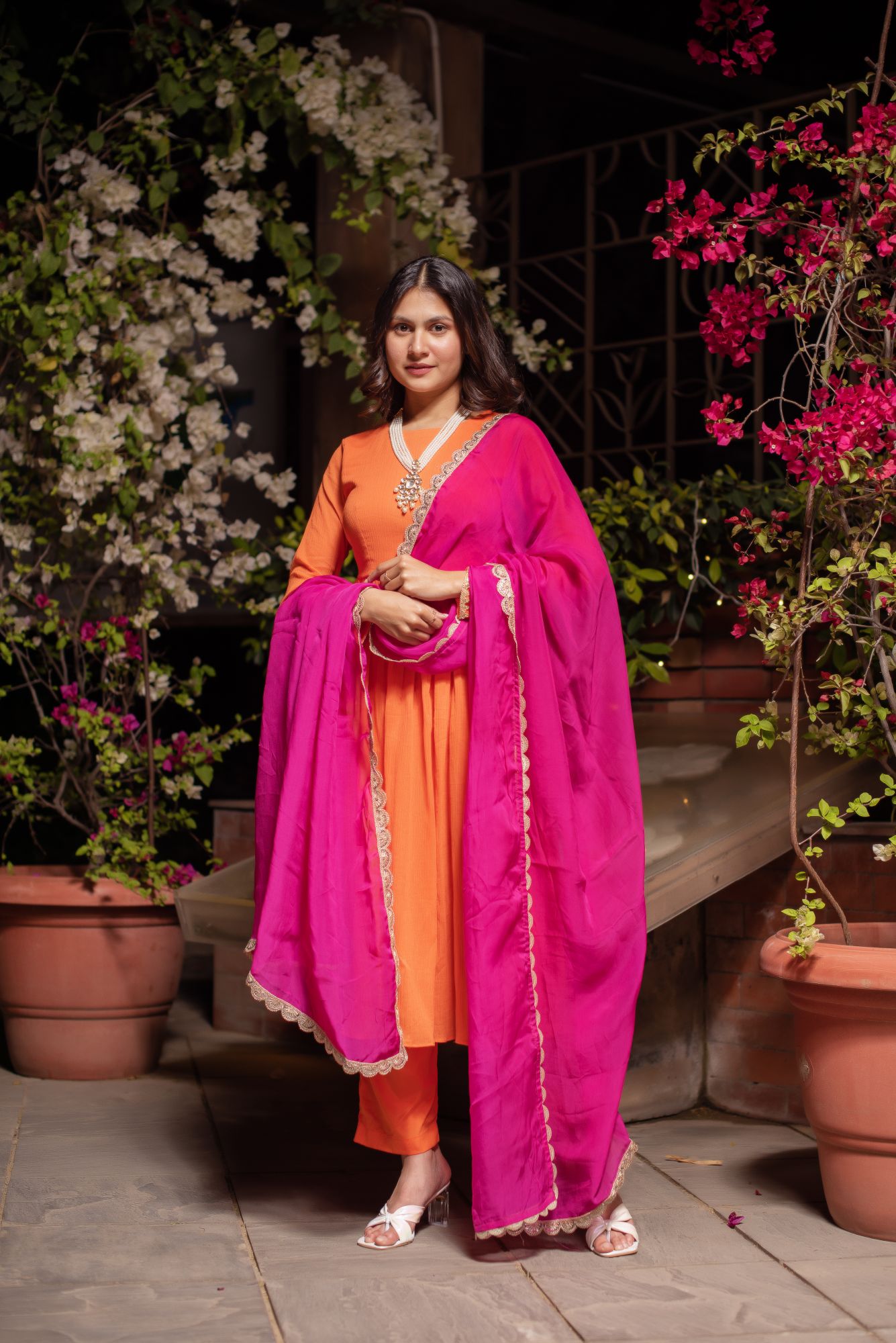 Orange And Rani Crinkle Cotton Suit Set with Organza Dupatta