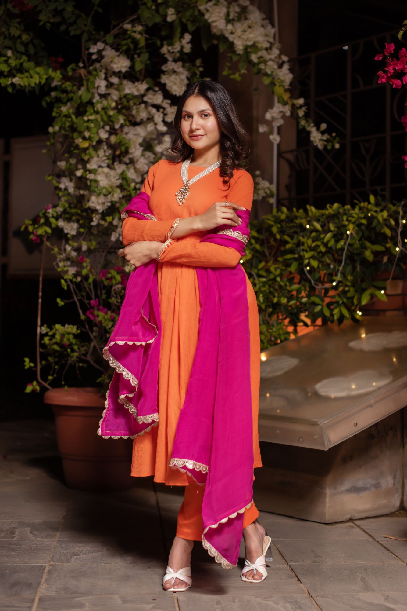Orange And Rani Crinkle Cotton Suit Set with Organza Dupatta