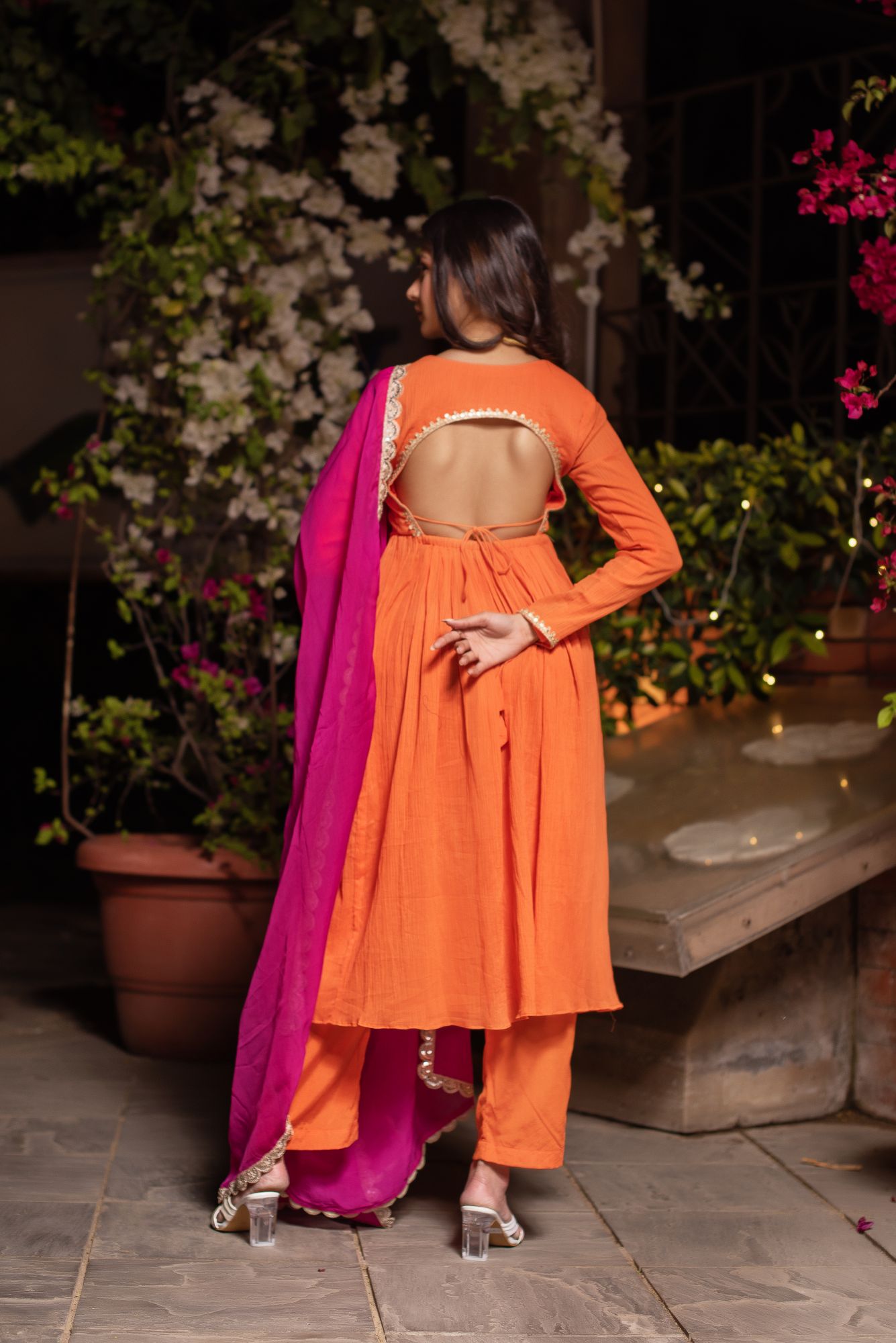 Orange And Rani Crinkle Cotton Suit Set with Organza Dupatta