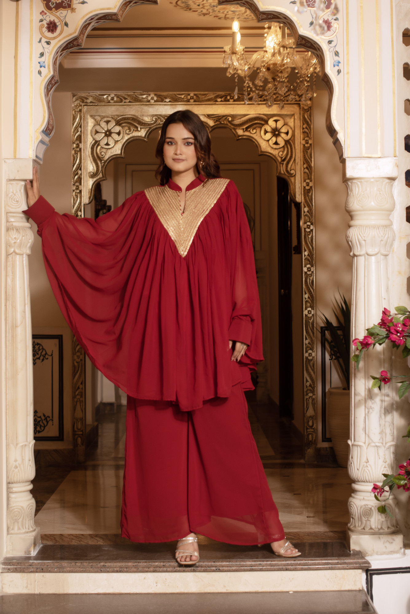 Maroon Georgette Embellished Kurta Set