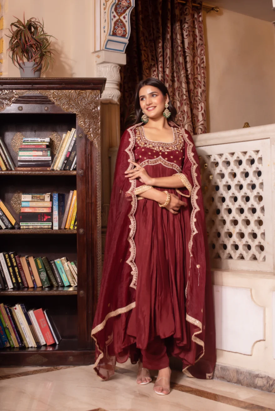 Biba Maroon Zardozi Hand Embroidered Anarkali Suit Set