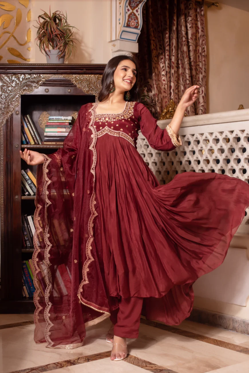 Biba Maroon Zardozi Hand Embroidered Anarkali Suit Set