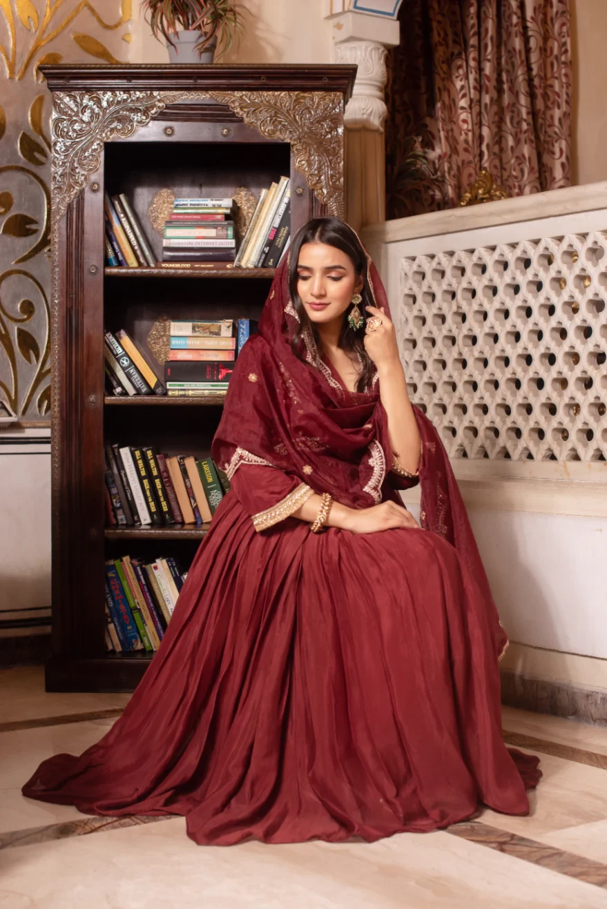 Biba Maroon Zardozi Hand Embroidered Anarkali Suit Set