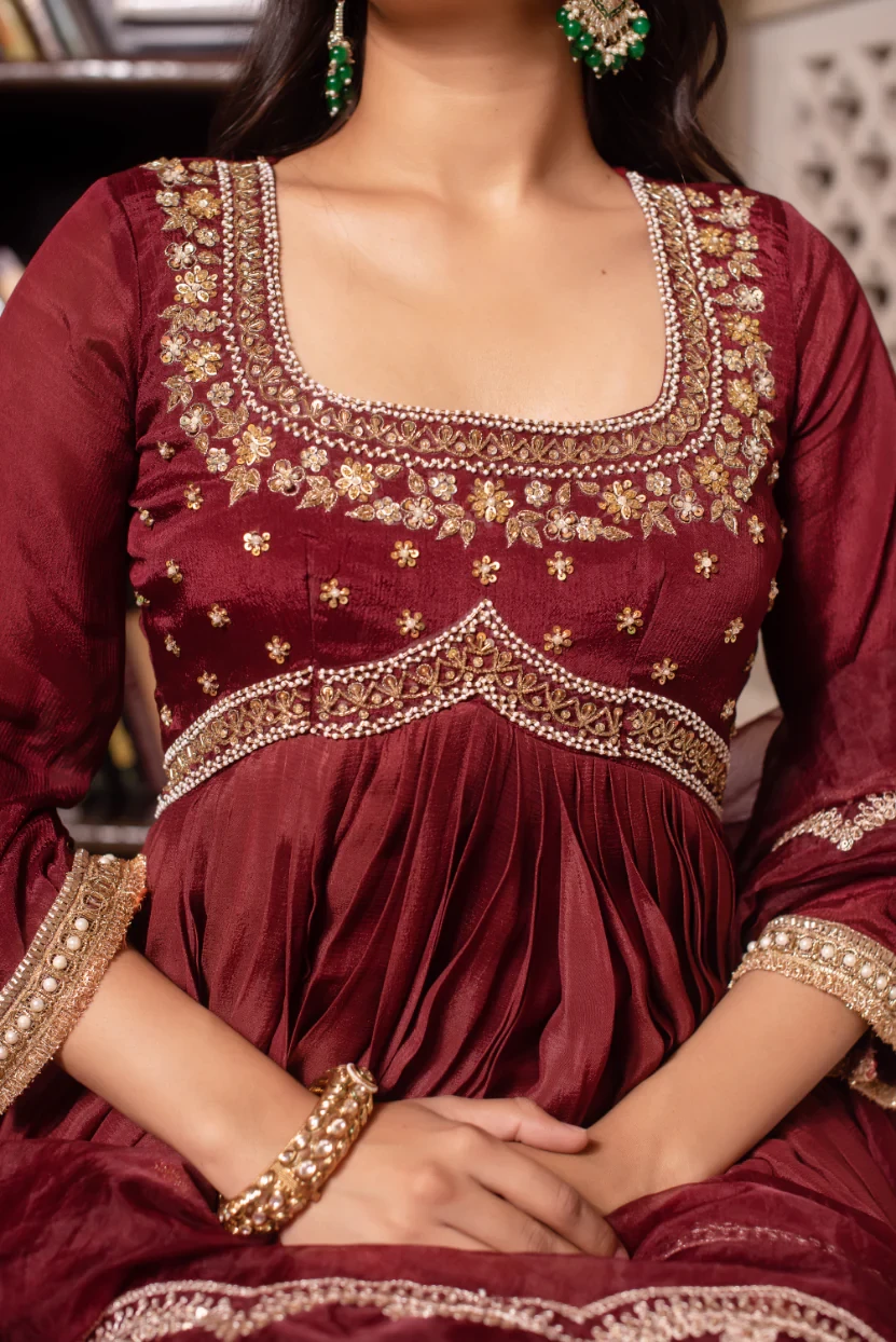 Biba Maroon Zardozi Hand Embroidered Anarkali Suit Set