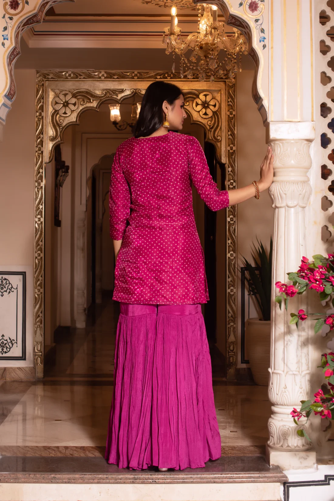 Rani Bandhej Zari Embroidered Sharara Set