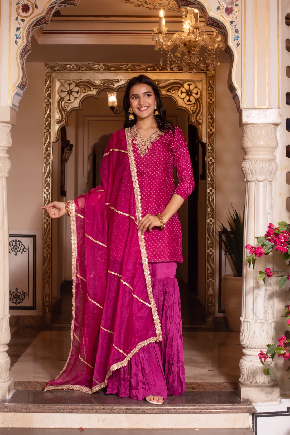 Rani Bandhej Zari Embroidered Sharara Set