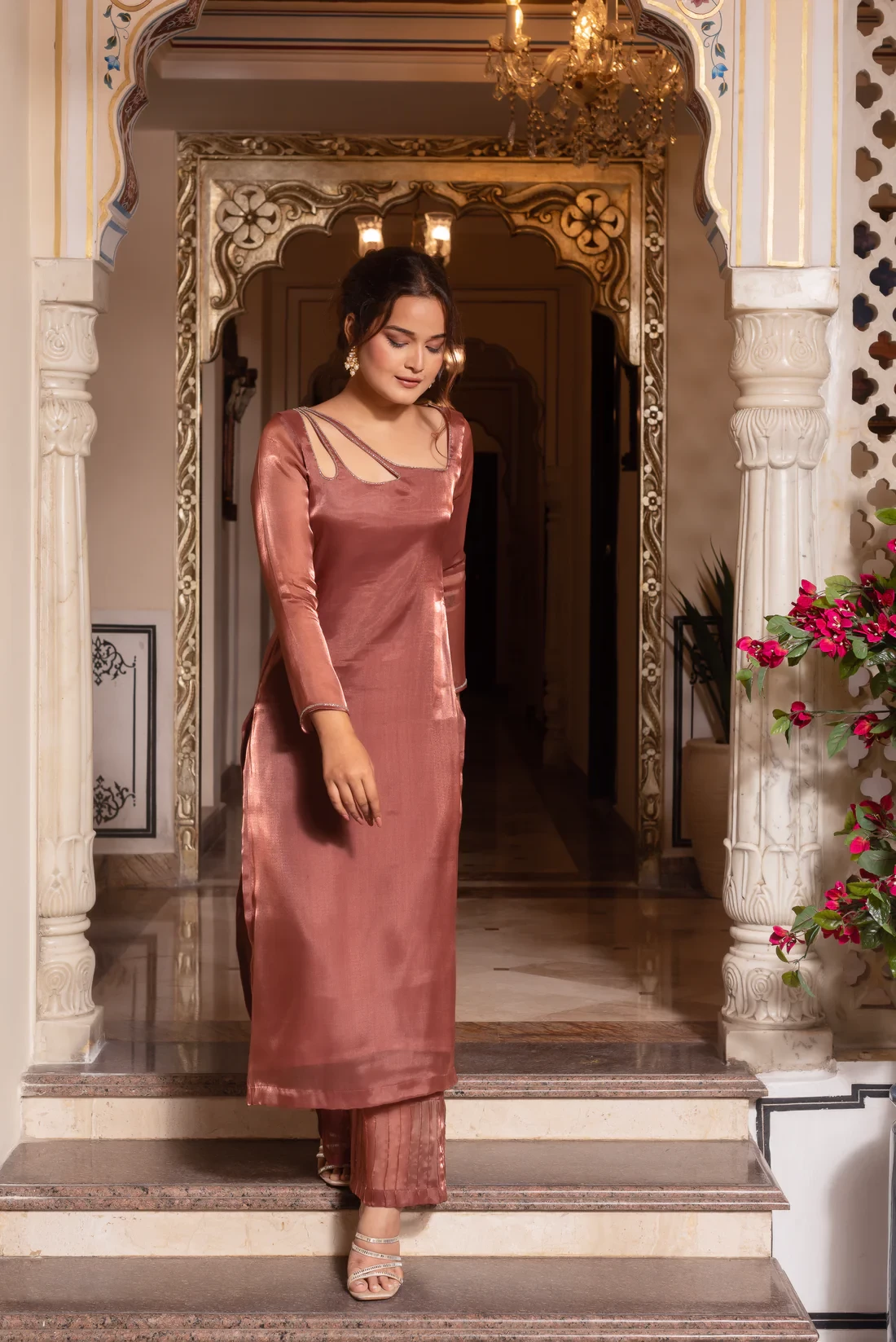 Kashida Rose Gold Hand Zardozi Embroidered Kurta Set