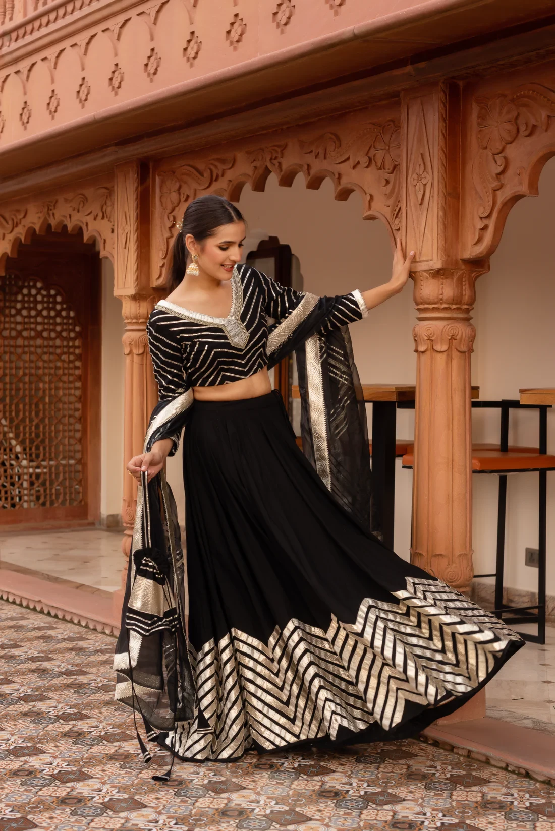 Black Gottapati Lehenga Set