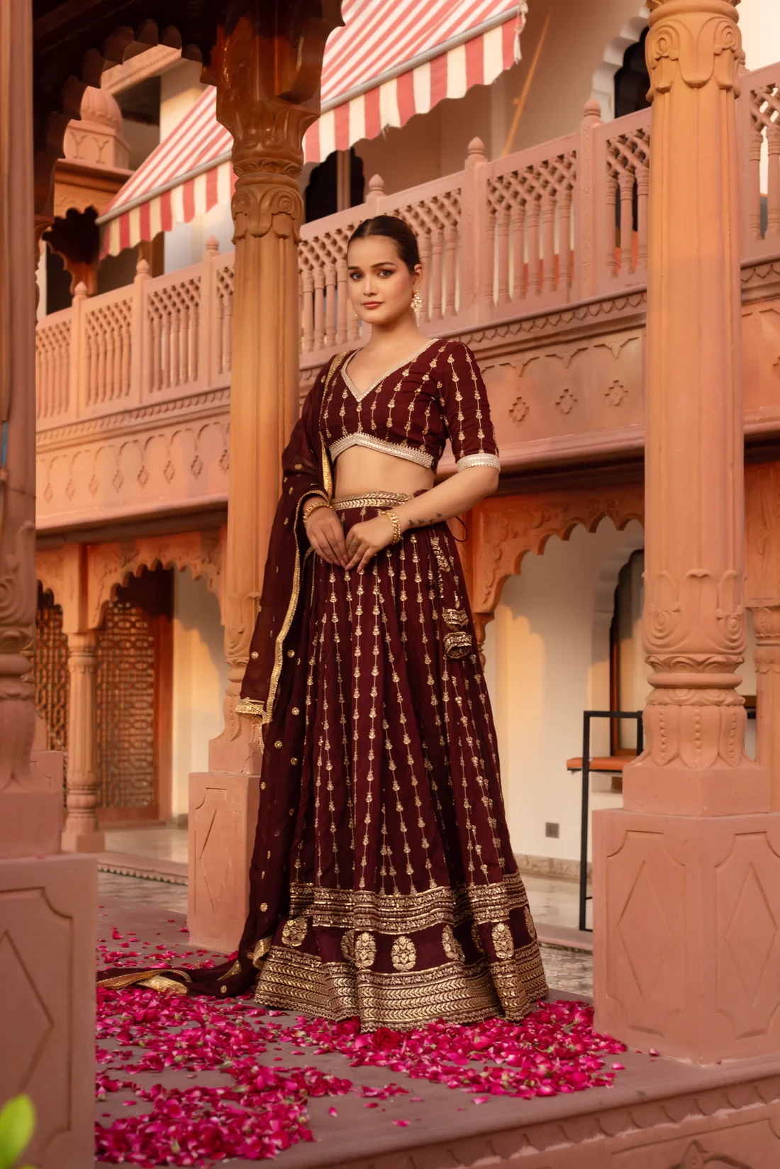 Wine Embroidery Lehenga Set