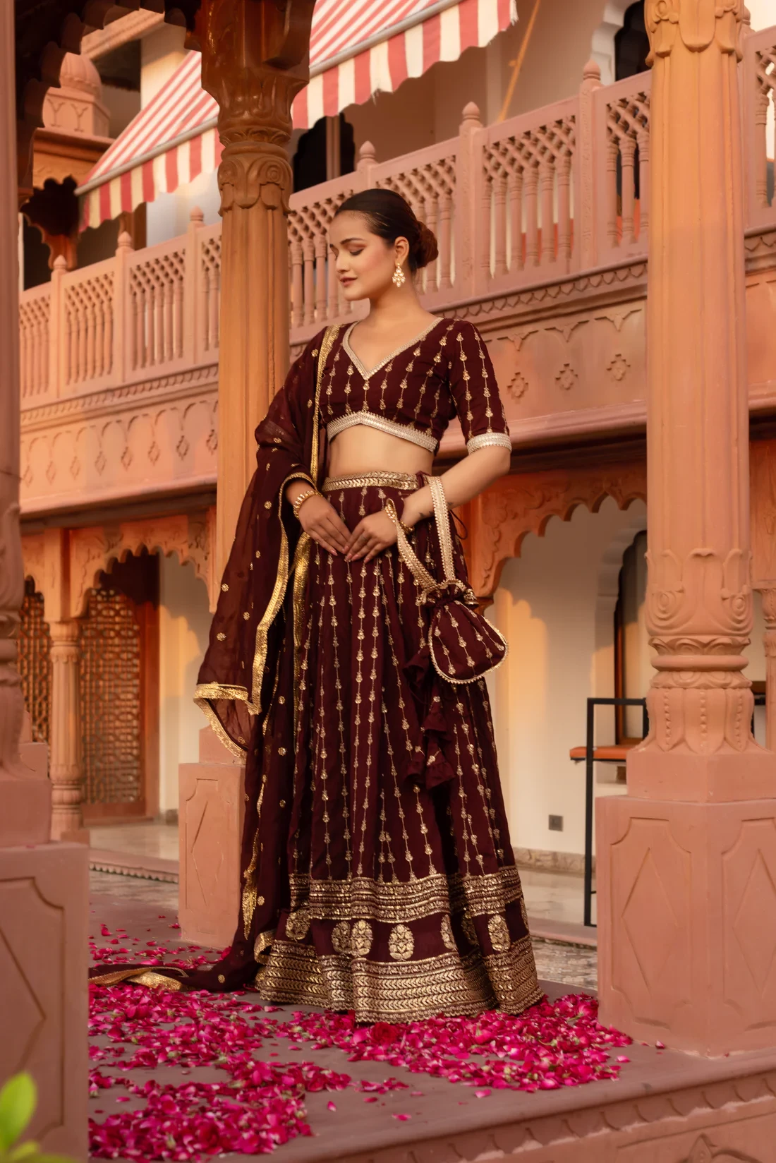 Wine Embroidery Lehenga Set