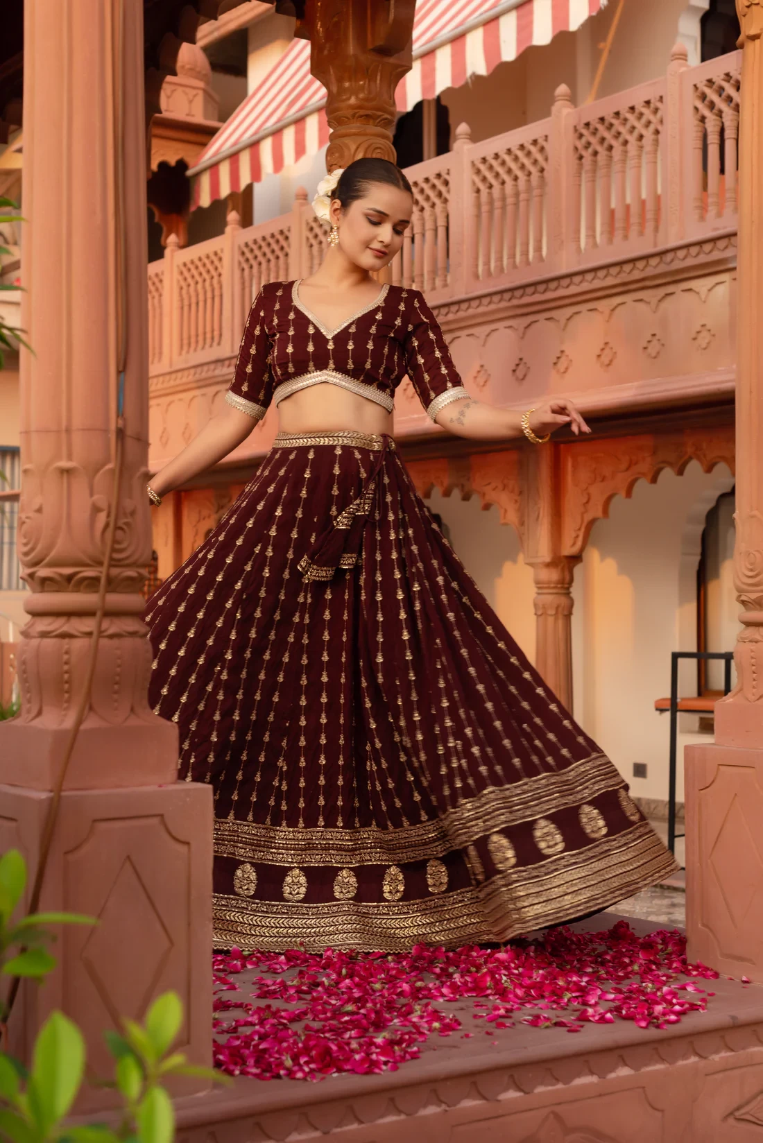 Wine Embroidery Lehenga Set