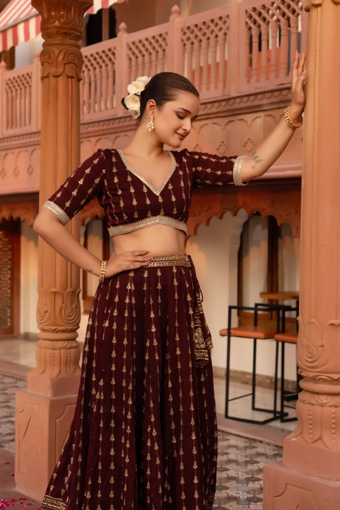 Wine Embroidery Lehenga Set