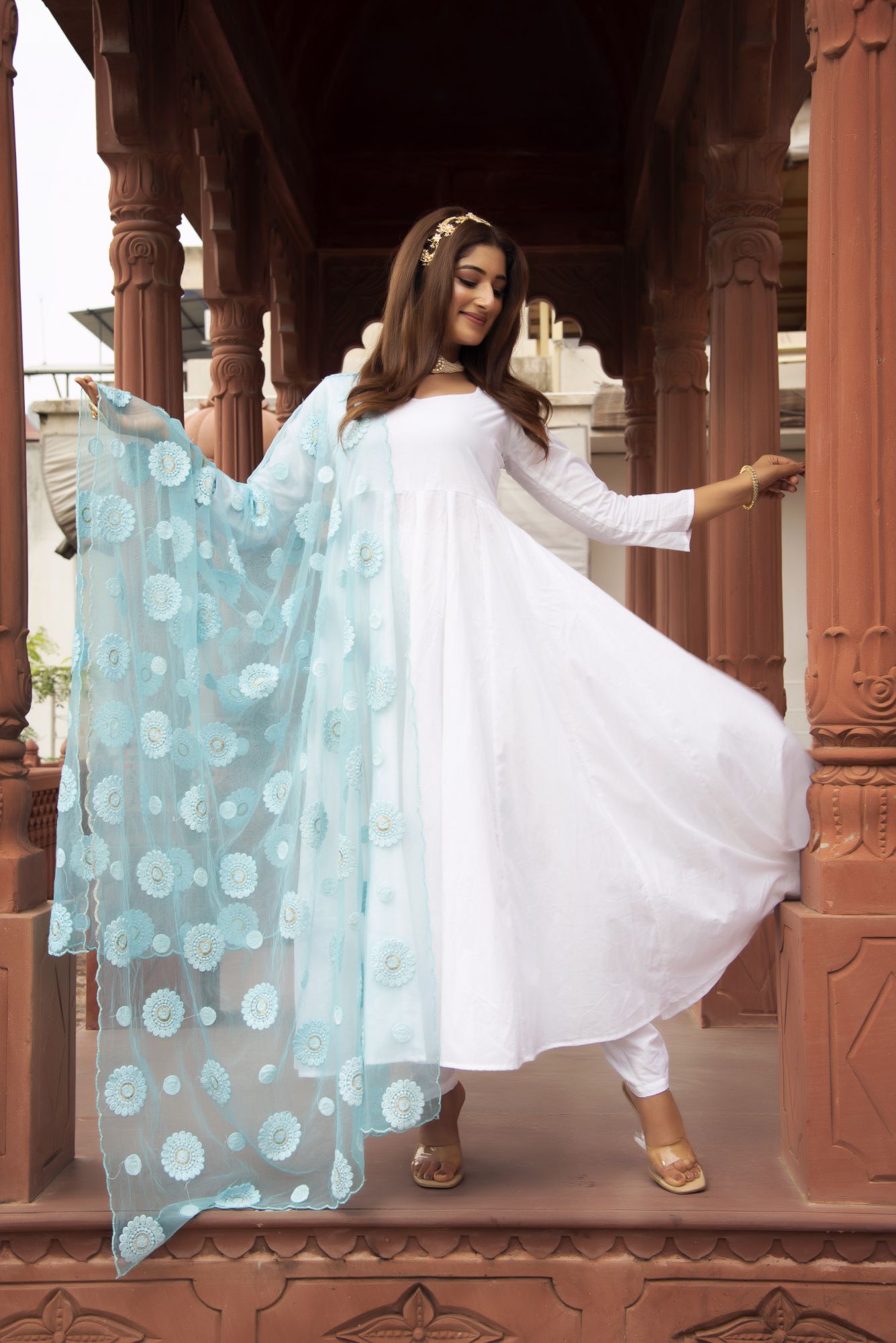 White Anarkali Suit Set with Sky Blue Embroided Dupatta