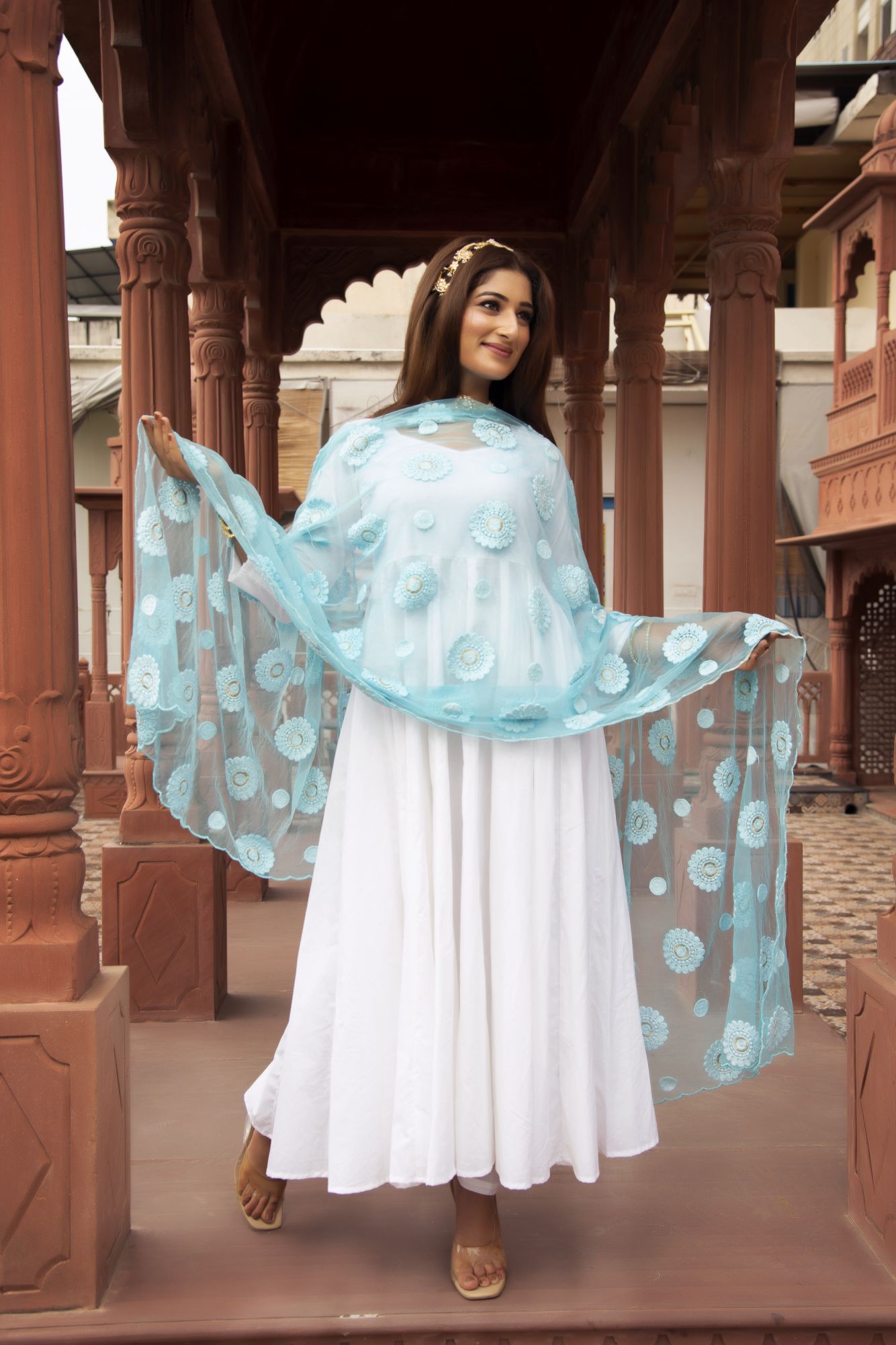 White Anarkali Suit Set with Sky Blue Embroided Dupatta