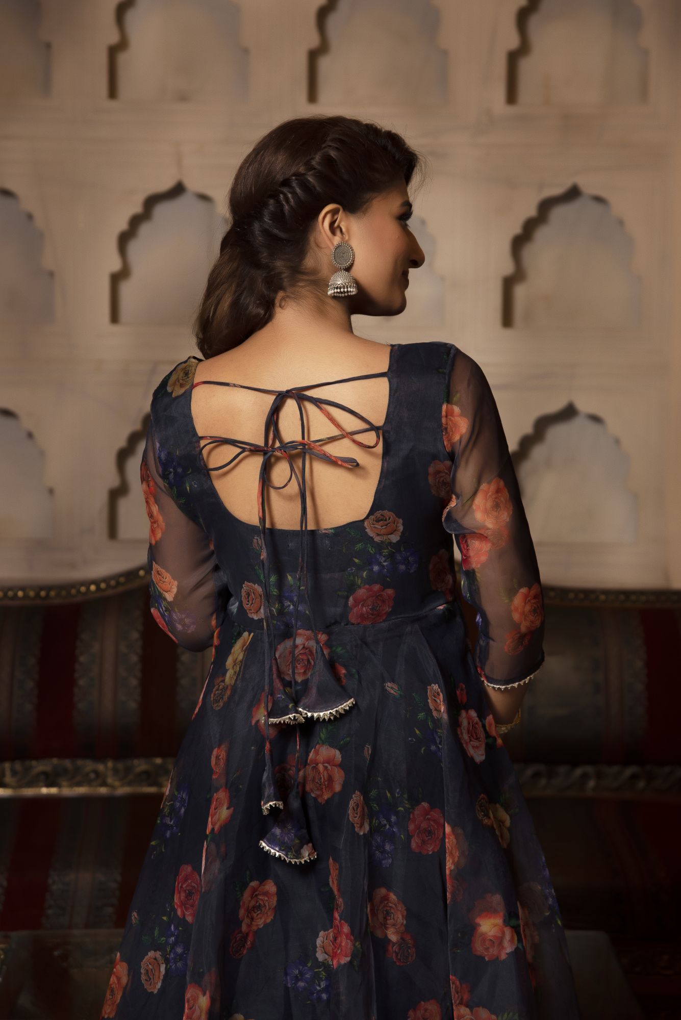 Black And Orange Floral Anarkali Suit Set