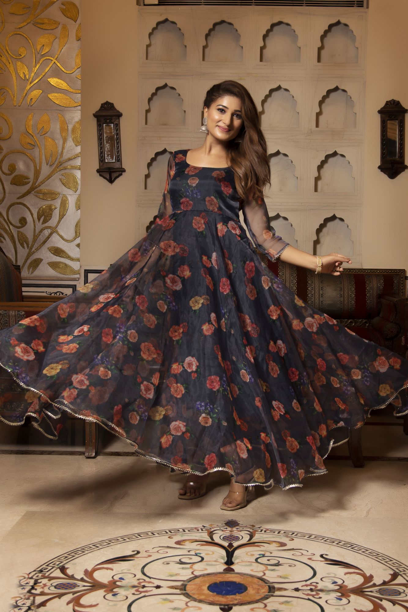 Black And Orange Floral Anarkali Suit Set