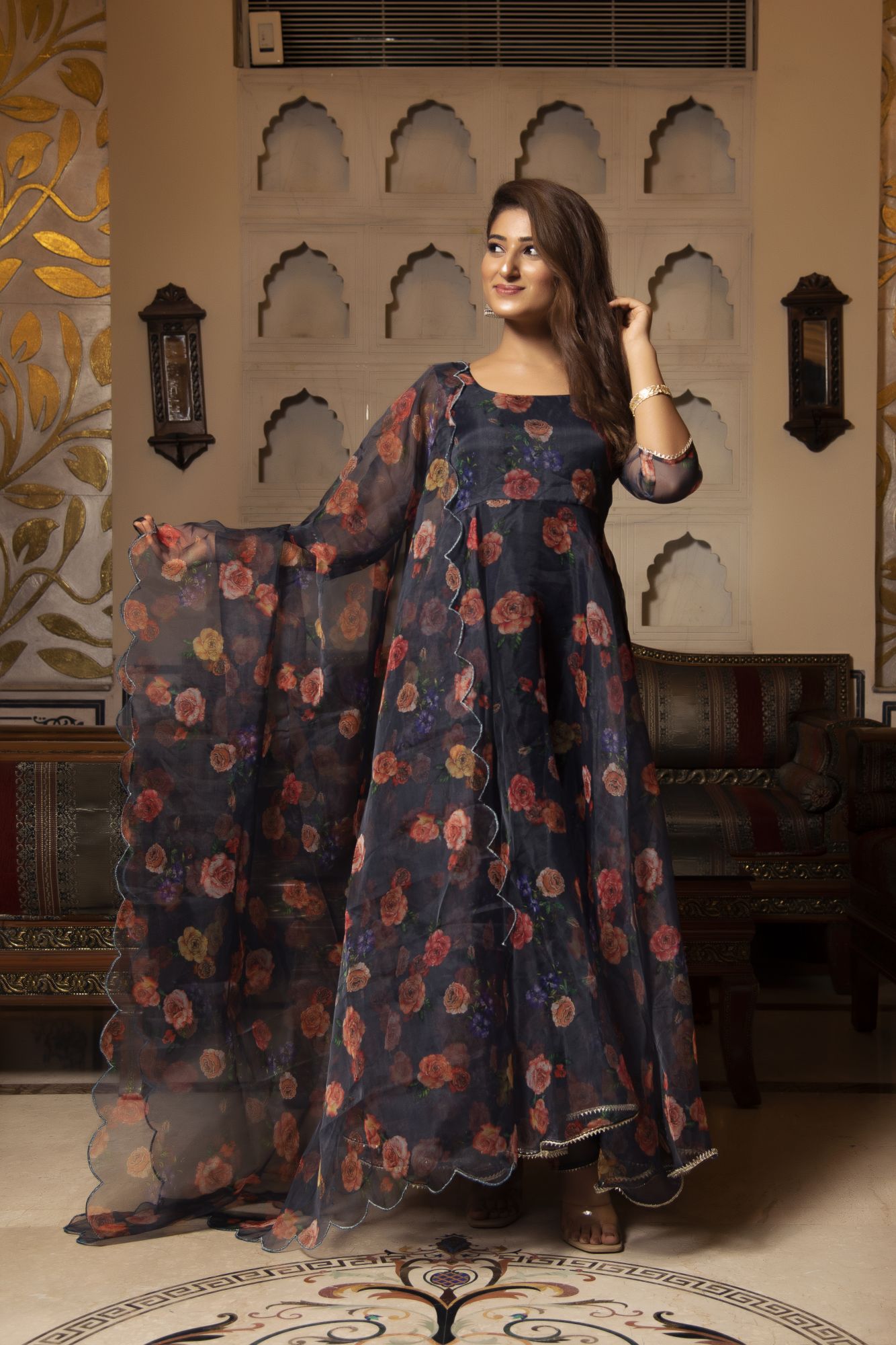 Black And Orange Floral Anarkali Suit Set